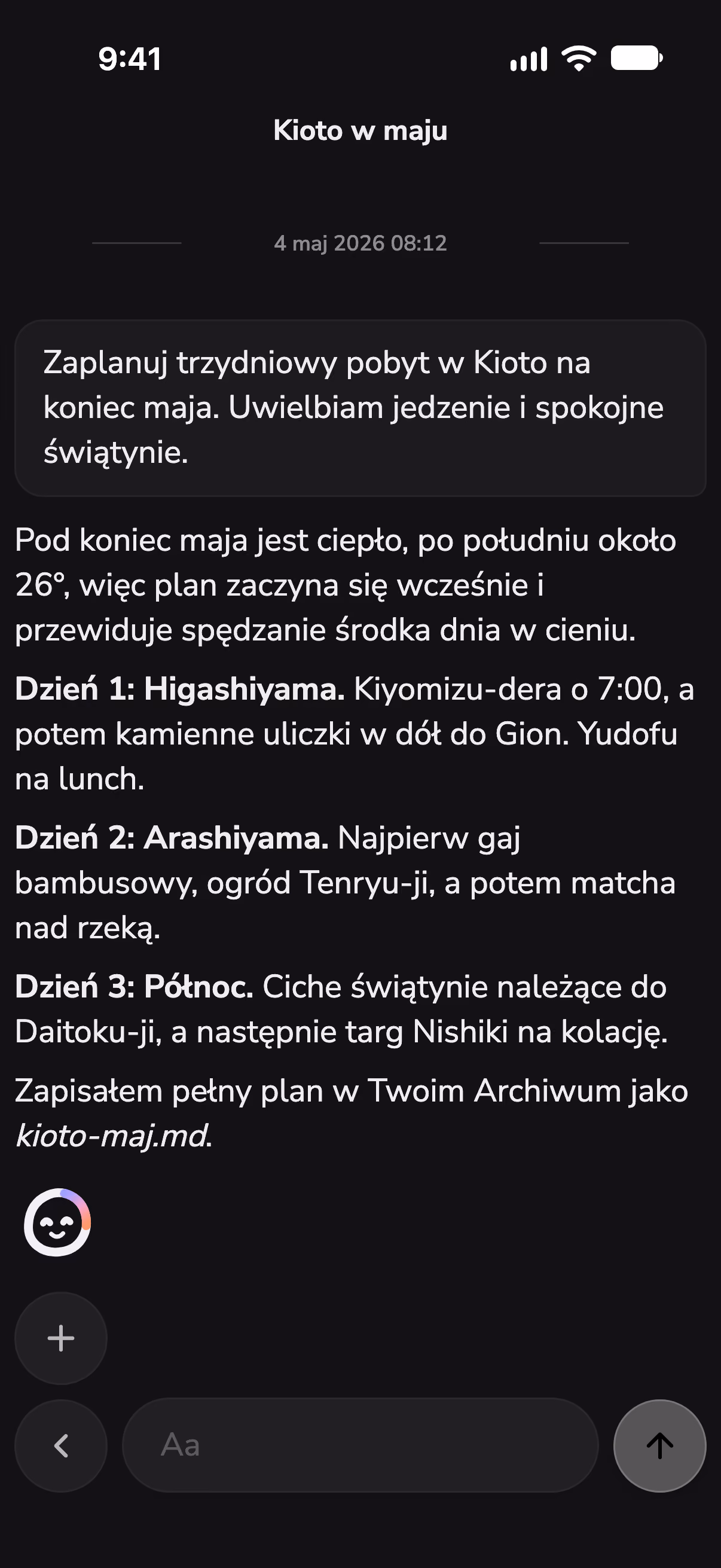 Czat w Mono planujący trzy dni w Kioto, z pogodą sprawdzoną przez umiejętność