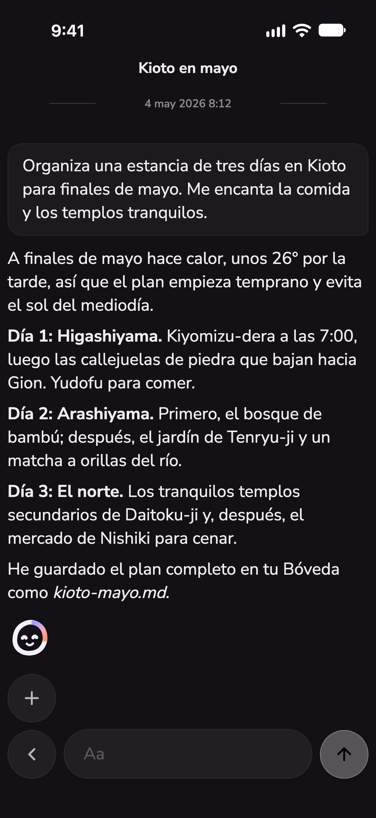 Un chat en Mono que planifica tres días en Kioto, con el tiempo consultado por una skill
