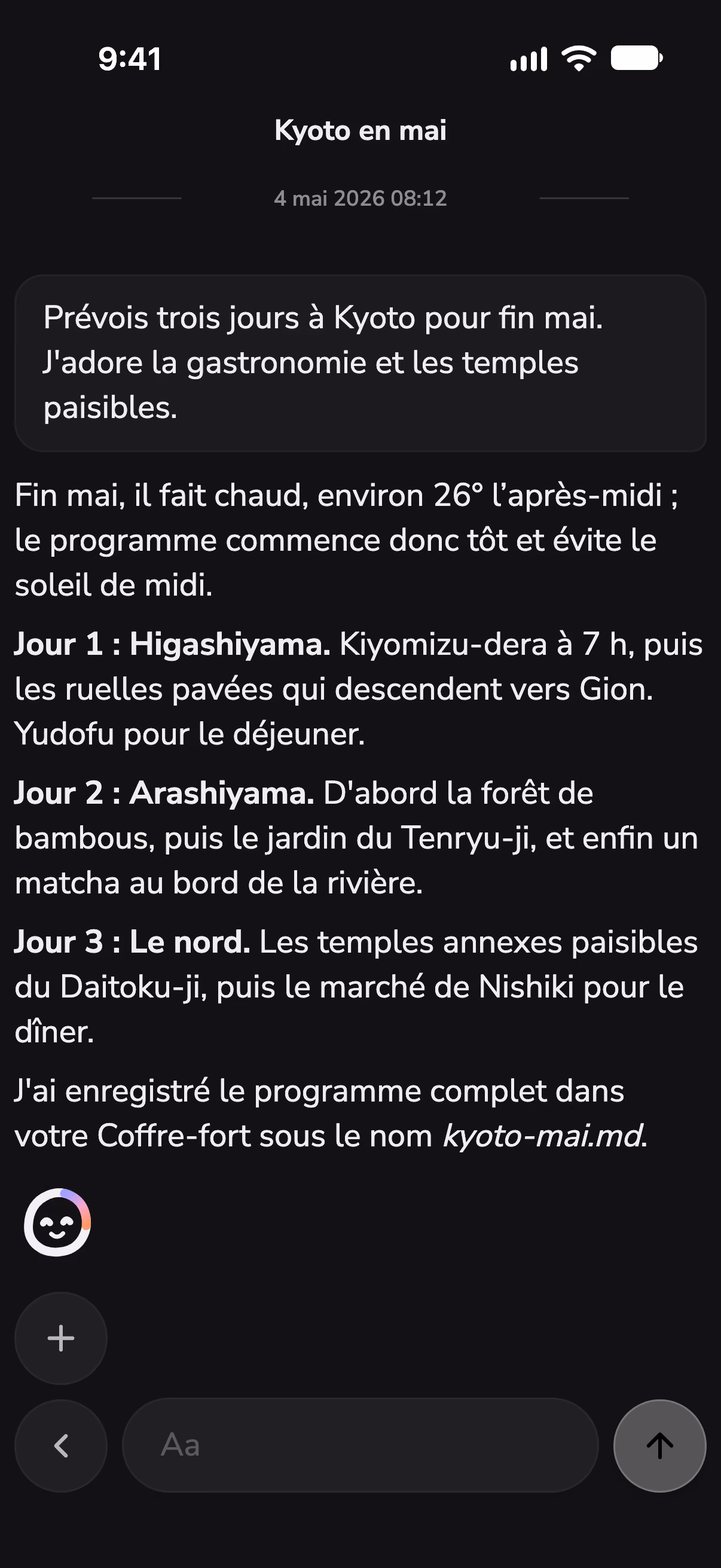 Une discussion dans Mono qui prépare trois jours à Kyoto, avec la météo vérifiée par une skill
