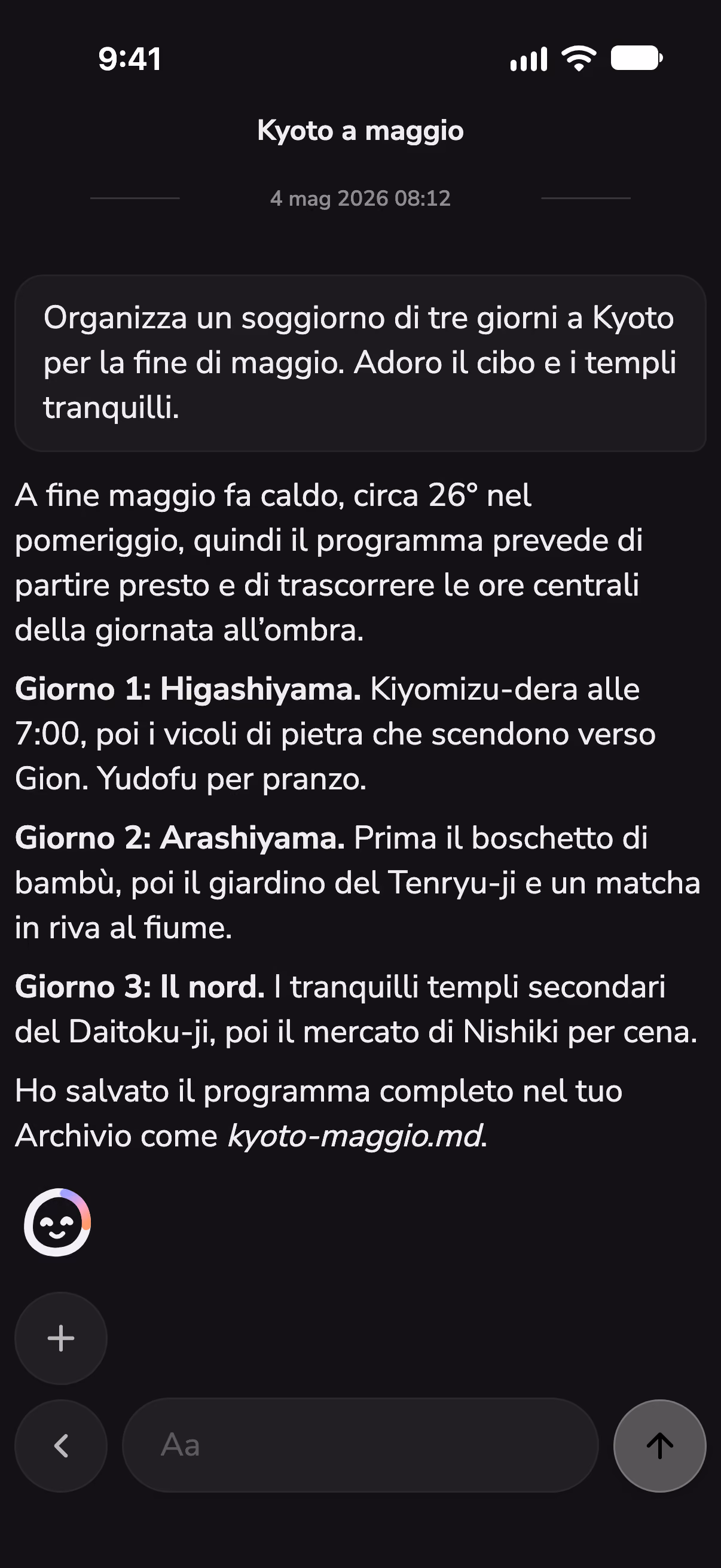 Una chat in Mono che pianifica tre giorni a Kyoto, con il meteo controllato da una skill