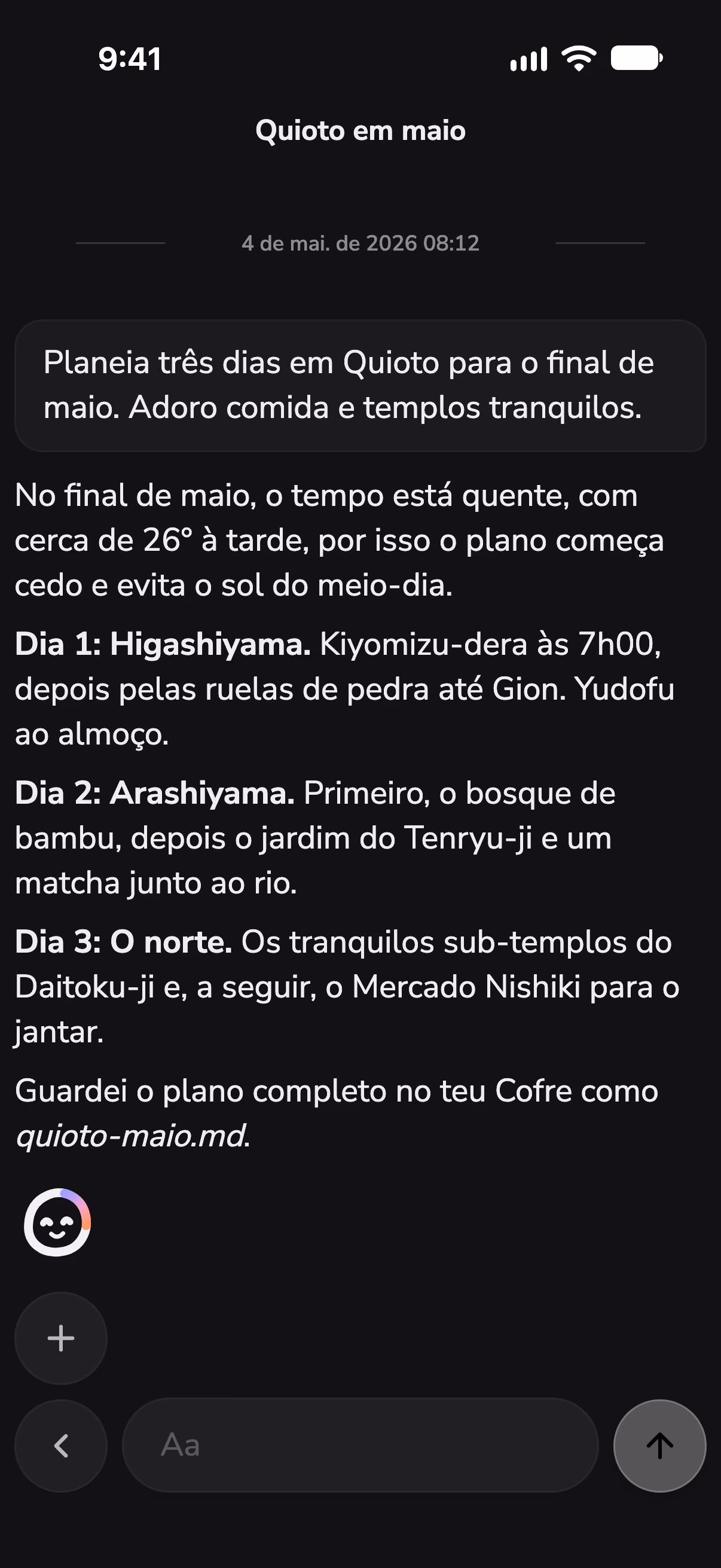 Uma conversa no Mono a planear três dias em Quioto, com a meteorologia consultada por uma skill