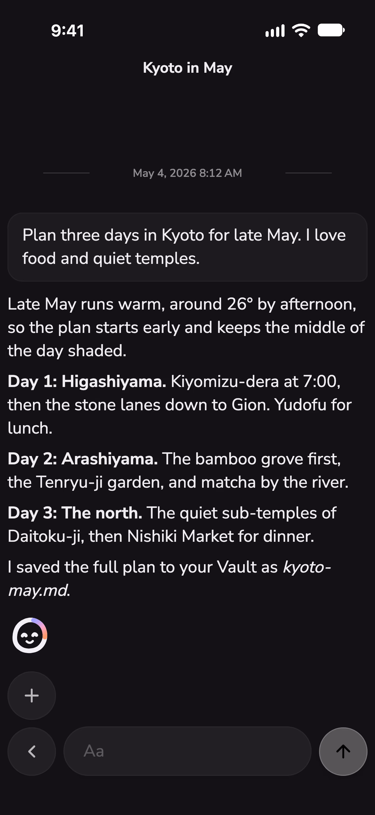 A chat in Mono planning three days in Kyoto, with a weather check from a skill