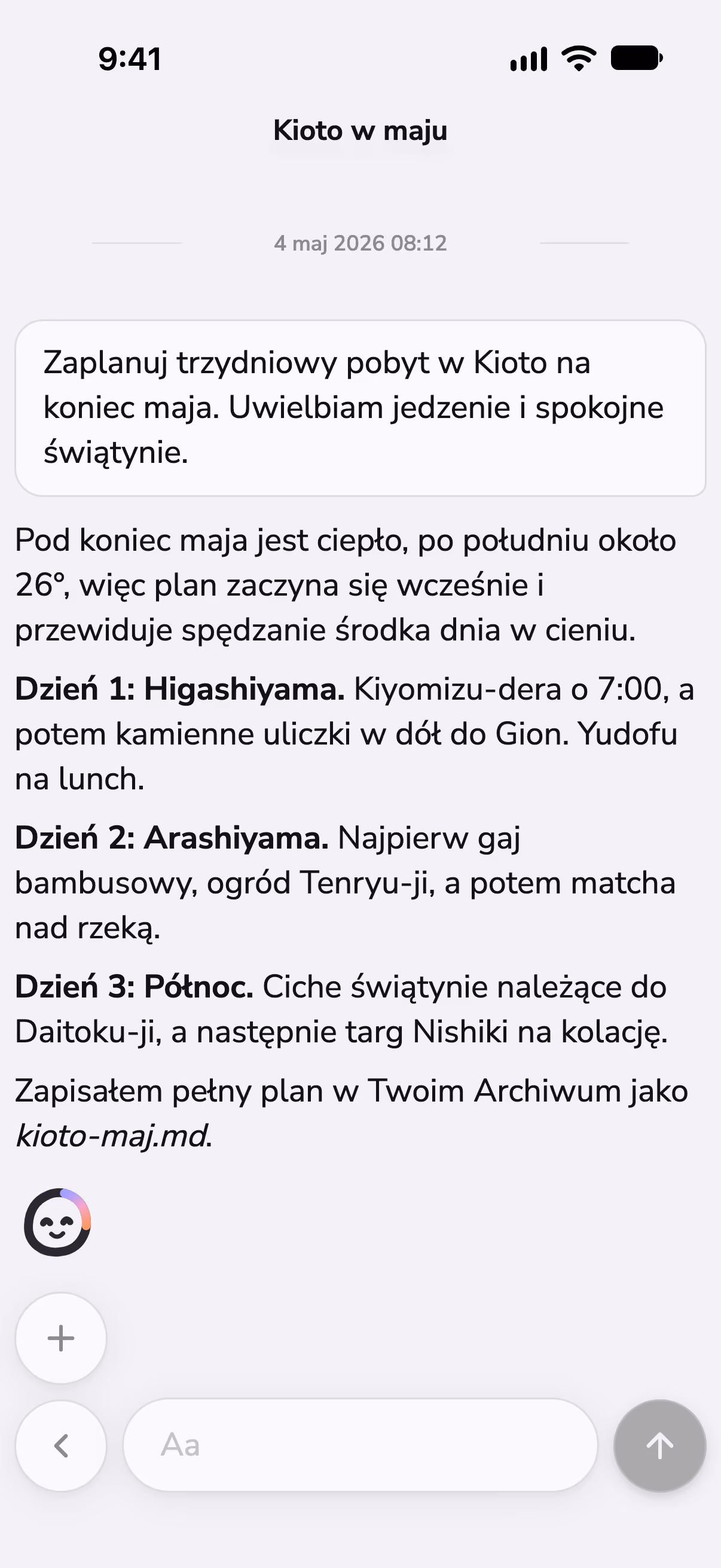 Czat w Mono planujący trzy dni w Kioto, z pogodą sprawdzoną przez umiejętność