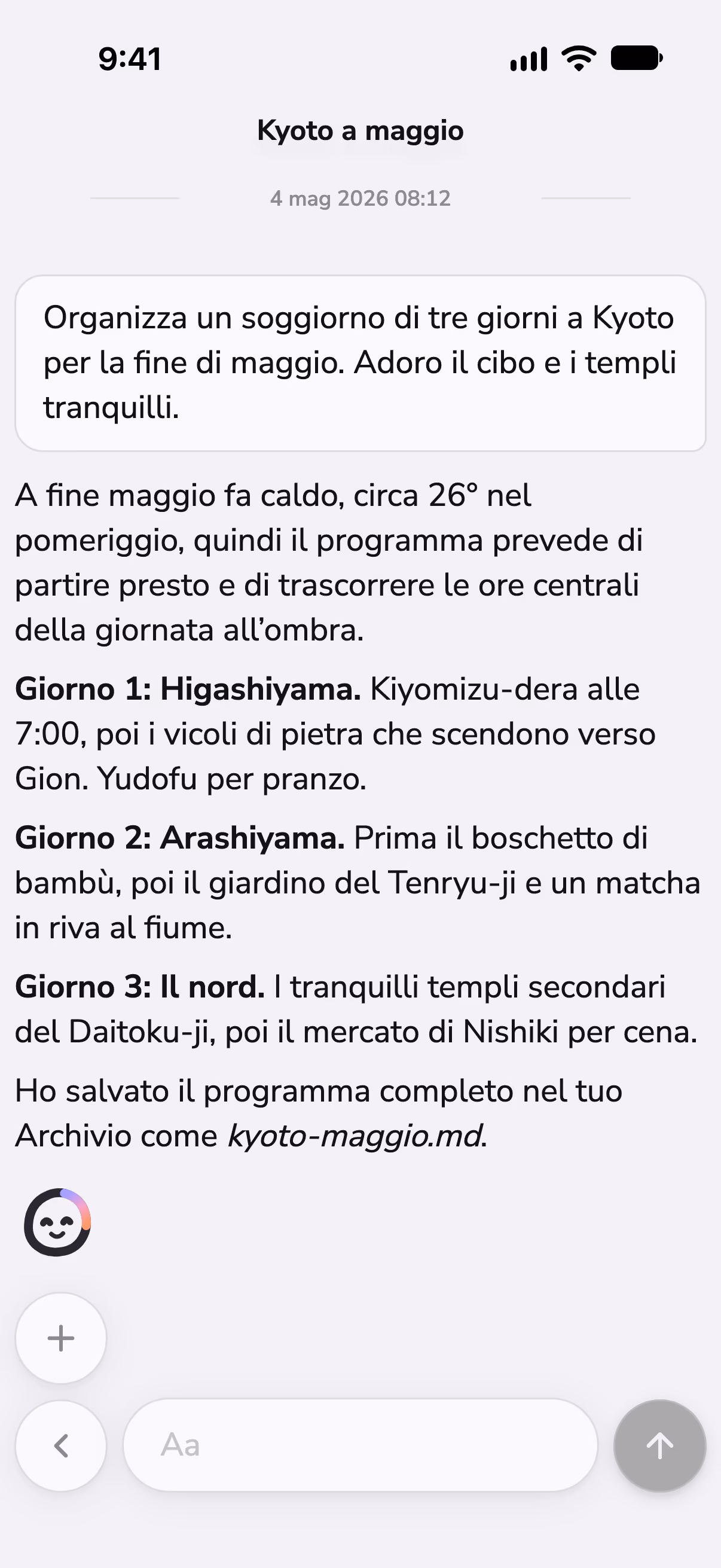 Una chat in Mono che pianifica tre giorni a Kyoto, con il meteo controllato da una skill