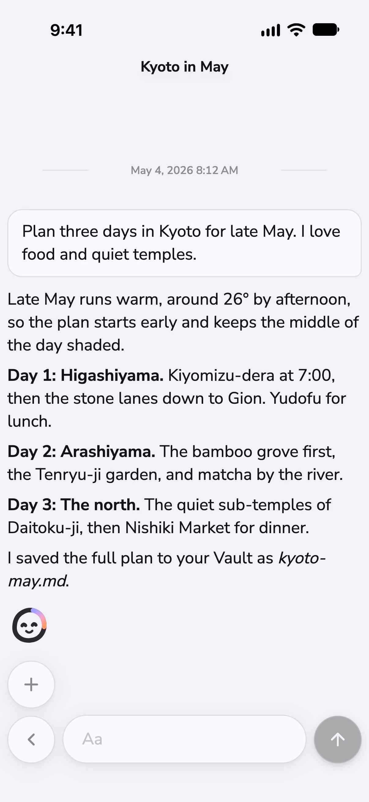 A chat in Mono planning three days in Kyoto, with a weather check from a skill