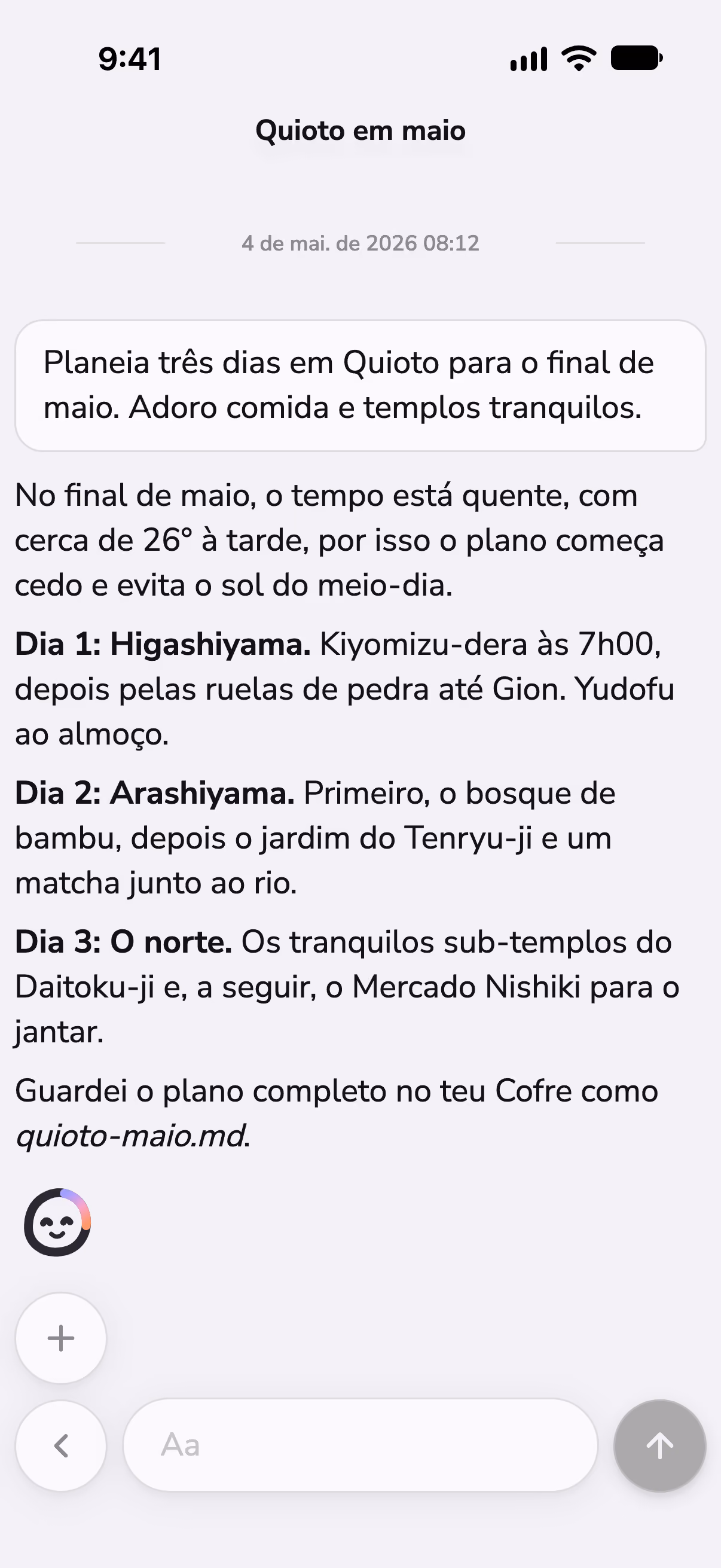 Uma conversa no Mono a planear três dias em Quioto, com a meteorologia consultada por uma skill