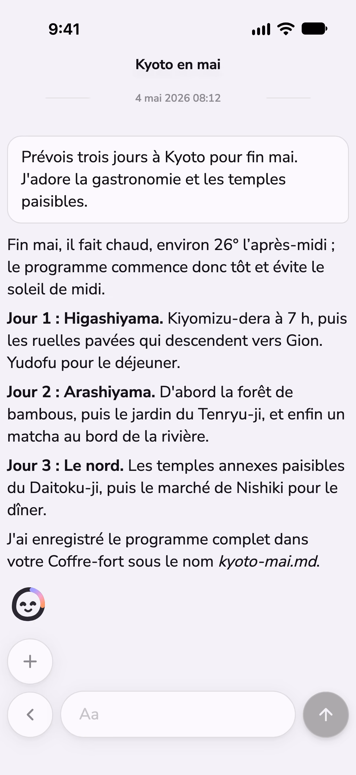 Une discussion dans Mono qui prépare trois jours à Kyoto, avec la météo vérifiée par une skill