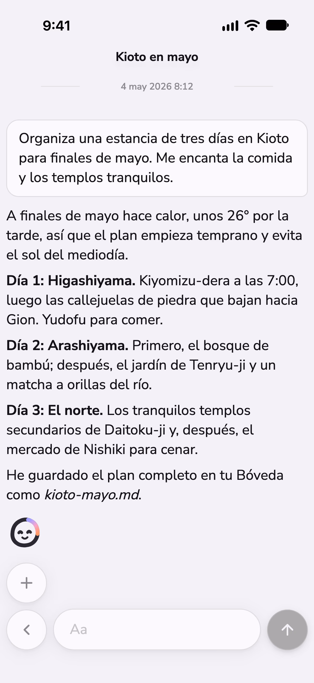 Un chat en Mono que planifica tres días en Kioto, con el tiempo consultado por una skill