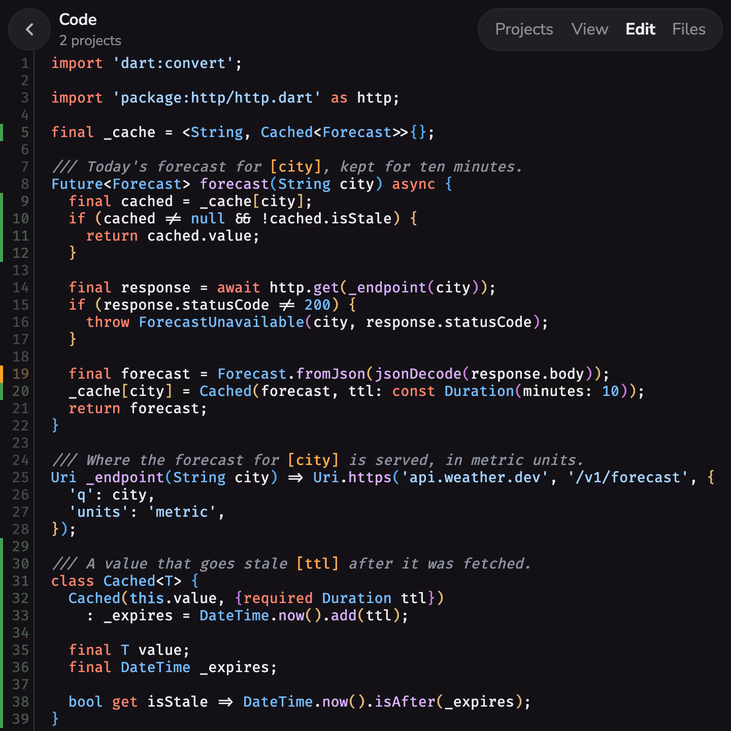 Editing code in Mono, with added and changed lines marked
