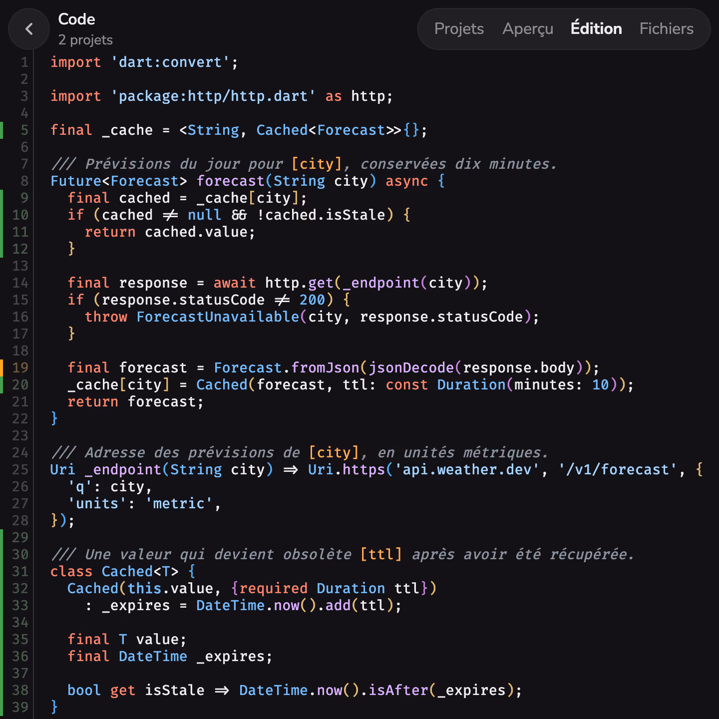 Modification de code dans Mono, avec les lignes ajoutées et modifiées signalées