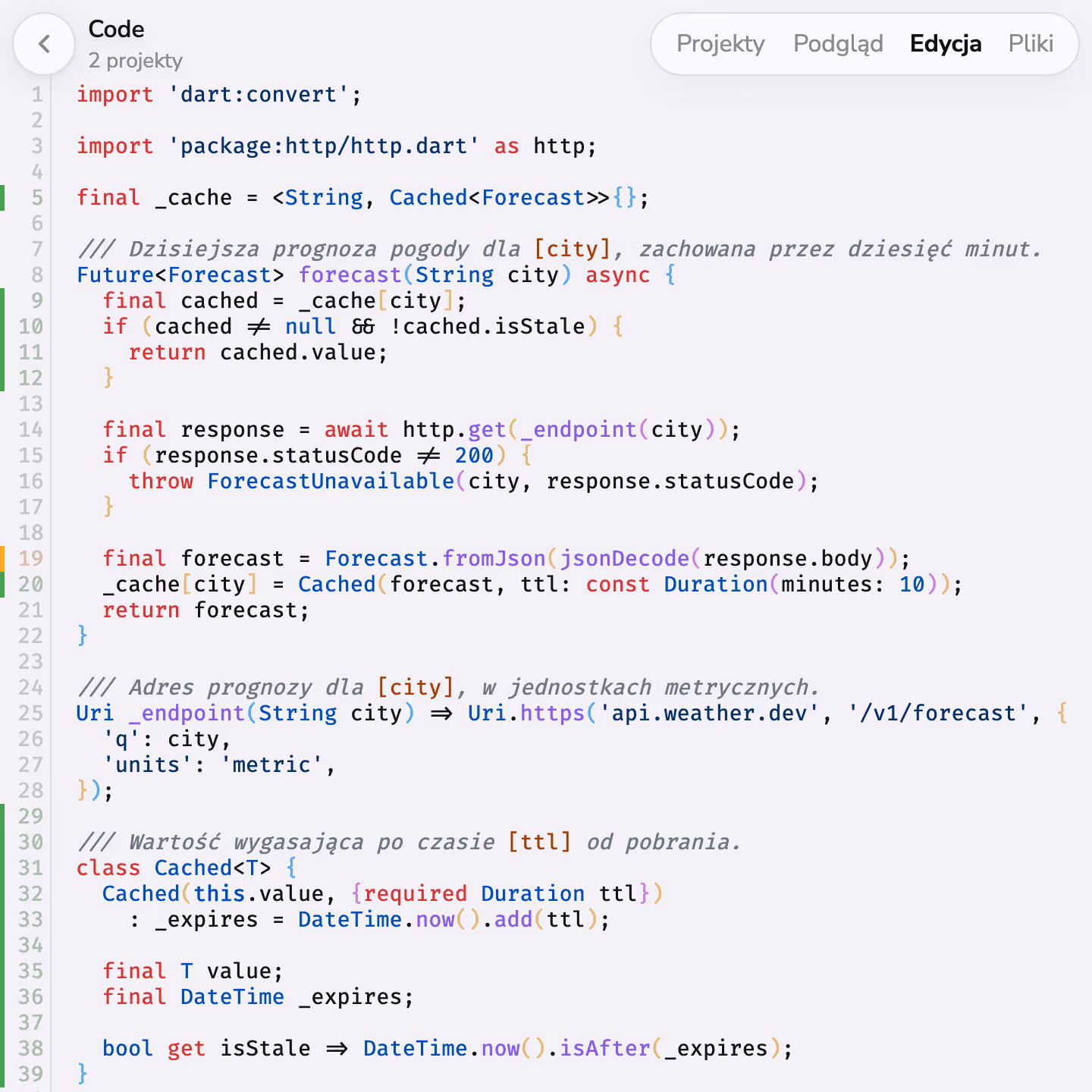 Edycja kodu w Mono, z oznaczonymi dodanymi i zmienionymi liniami