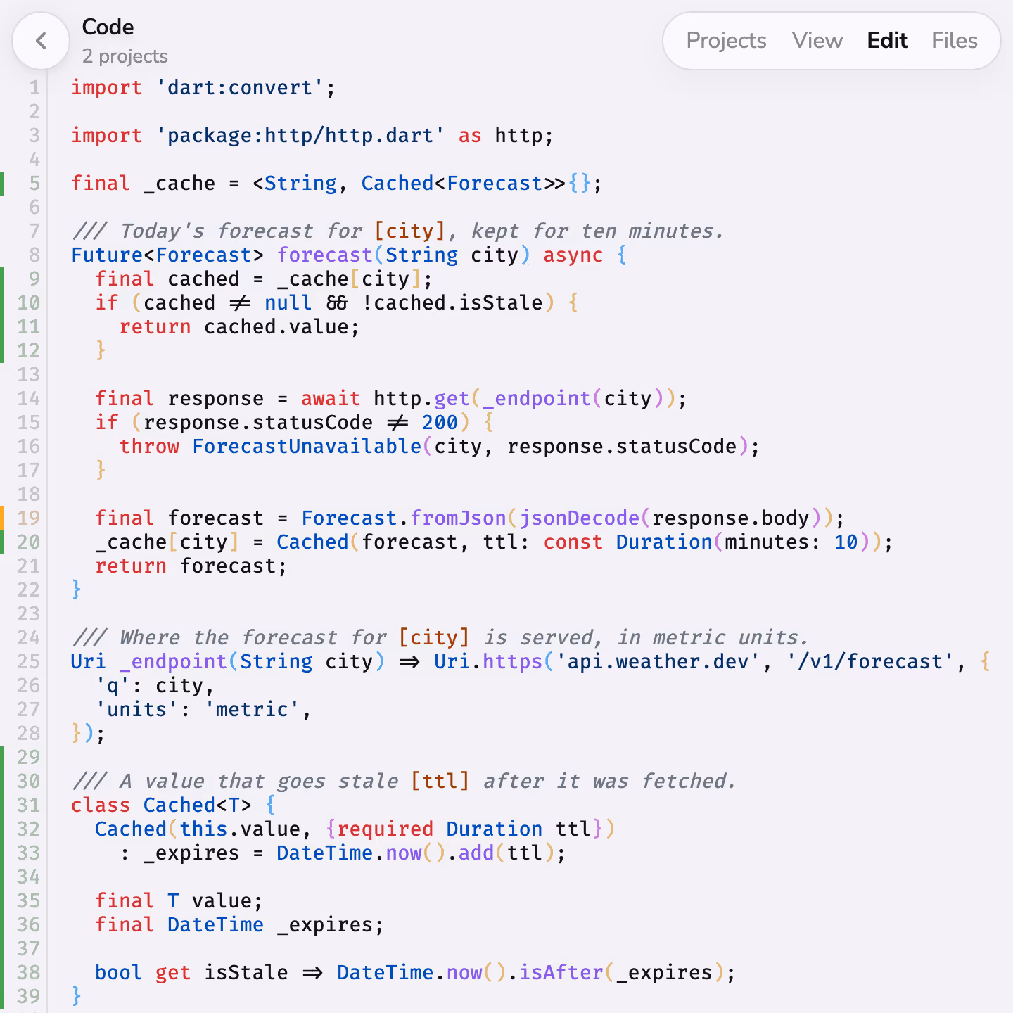 Editing code in Mono, with added and changed lines marked