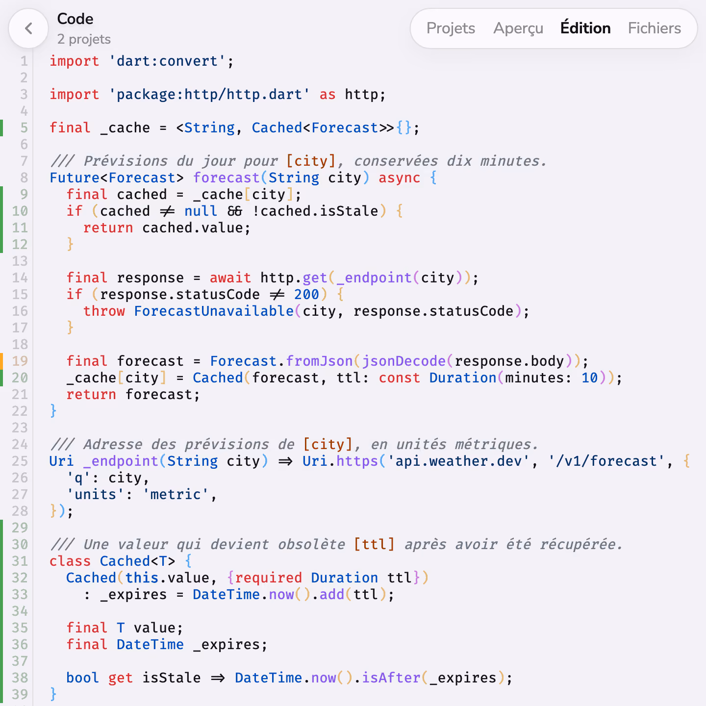 Modification de code dans Mono, avec les lignes ajoutées et modifiées signalées