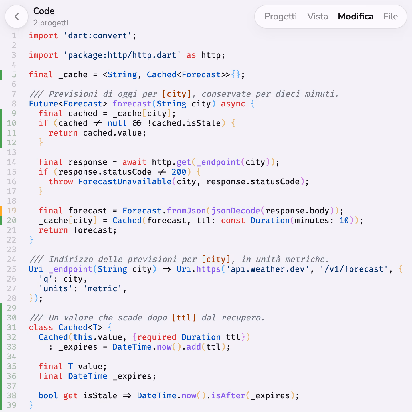 Modifica del codice in Mono, con le righe aggiunte e modificate segnate