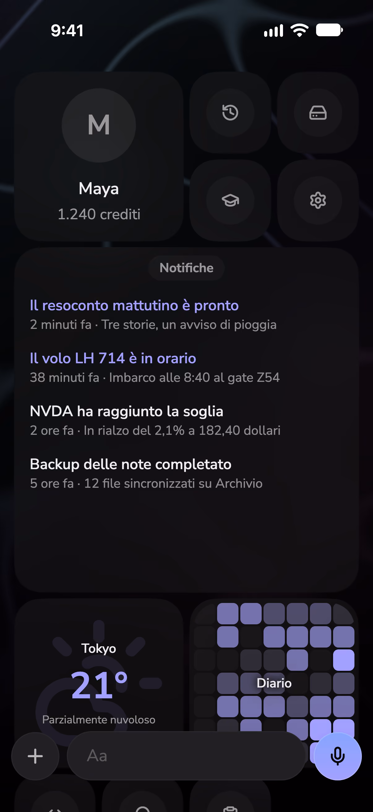 Schermata Home di Mono con notifiche, un widget meteo e una serie di giorni di diario