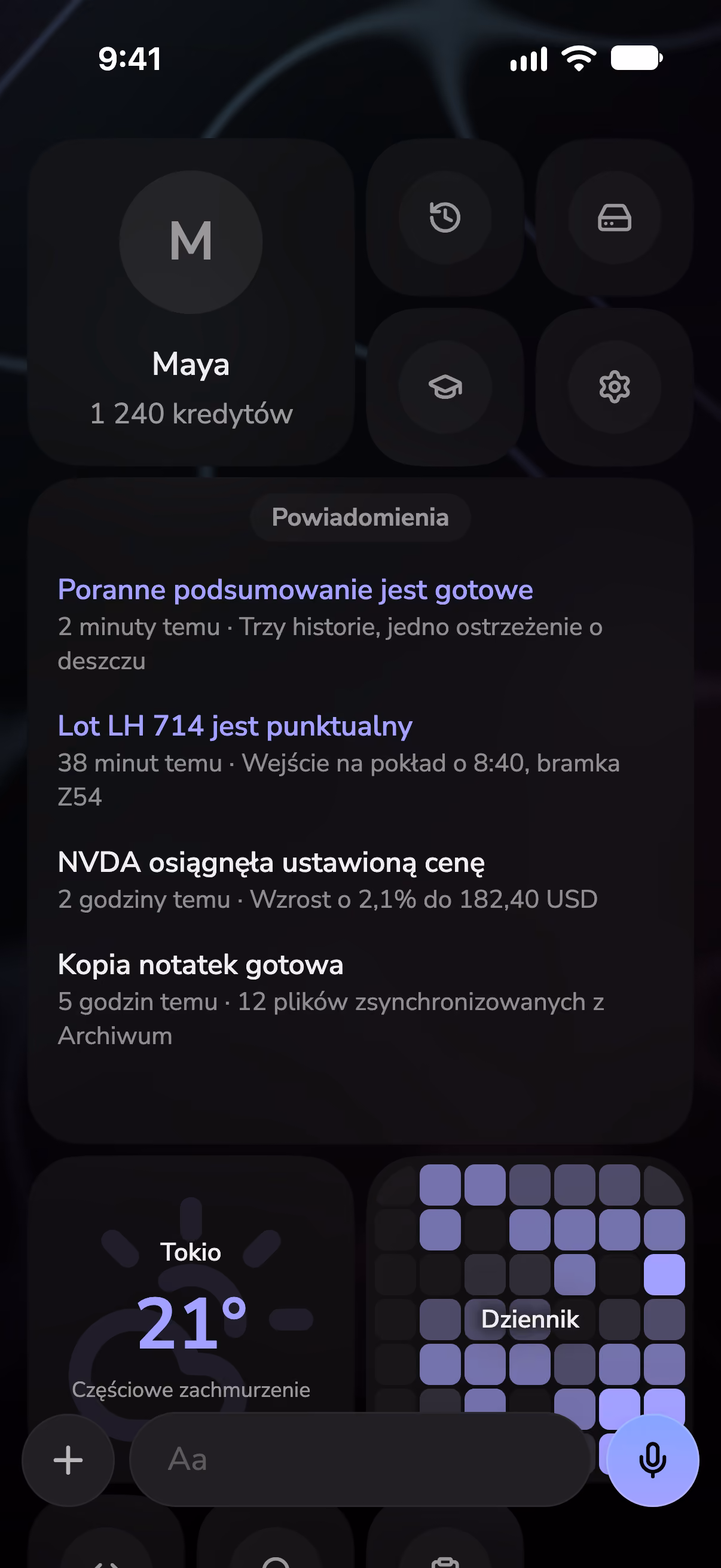 Ekran główny Mono z powiadomieniami, widżetem pogody i serią wpisów w dzienniku