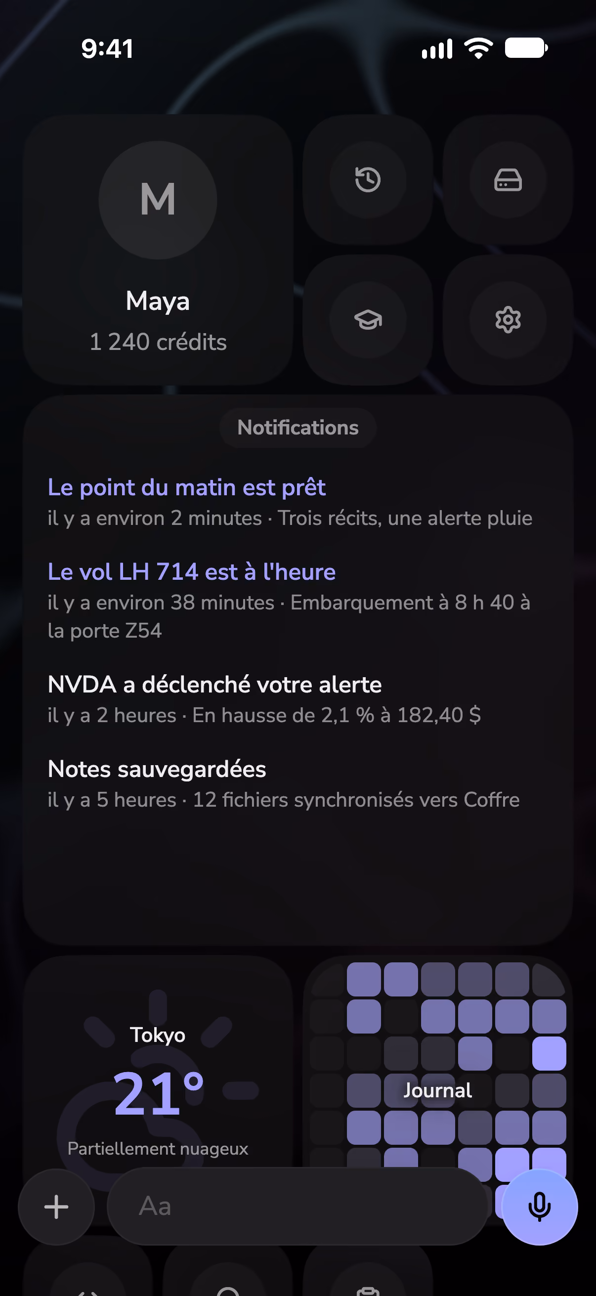 Écran d’accueil de Mono avec des notifications, un widget météo et une série de jours de journal