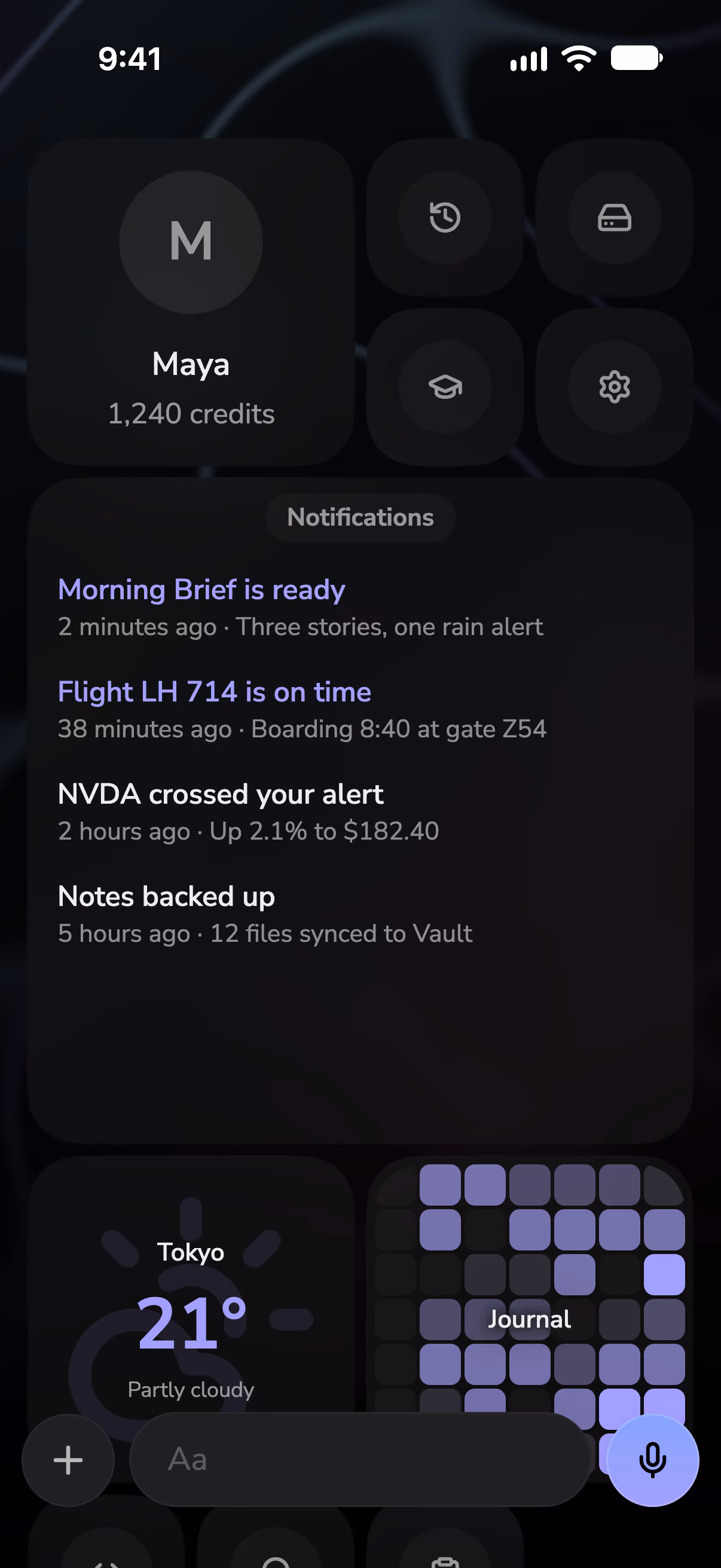 Mono's home screen with notifications, a weather widget, and a journaling streak