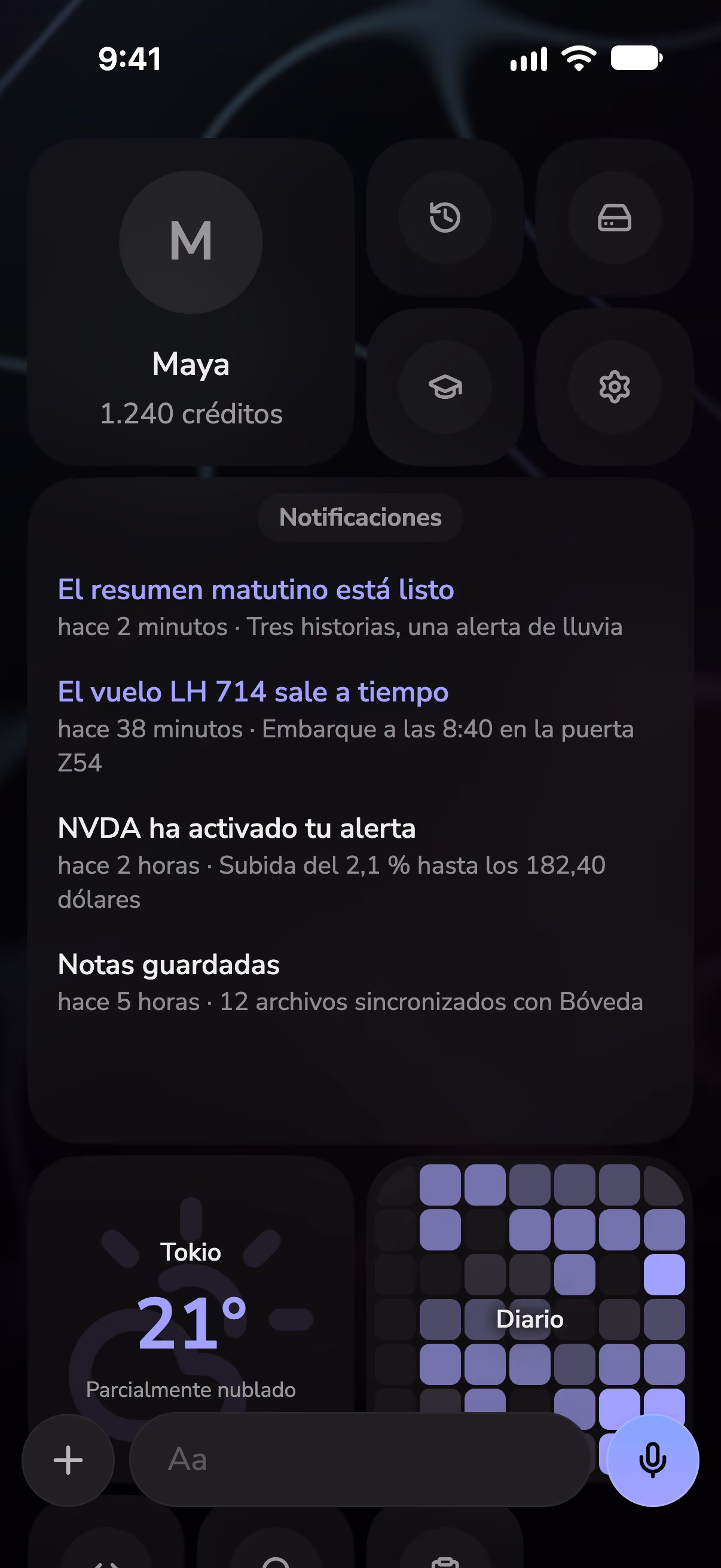 Pantalla de inicio de Mono con notificaciones, un widget del tiempo y una racha de diario