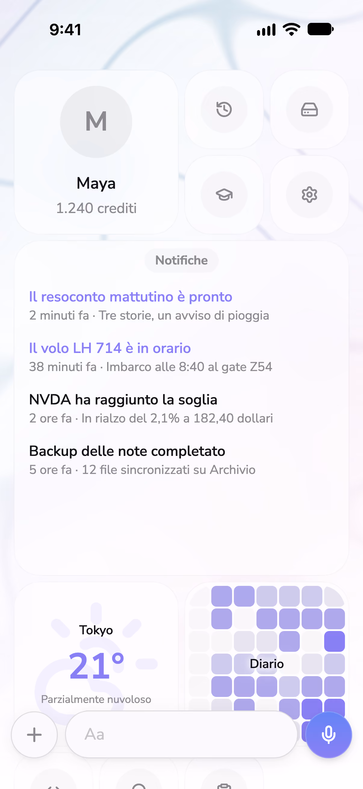 Schermata Home di Mono con notifiche, un widget meteo e una serie di giorni di diario