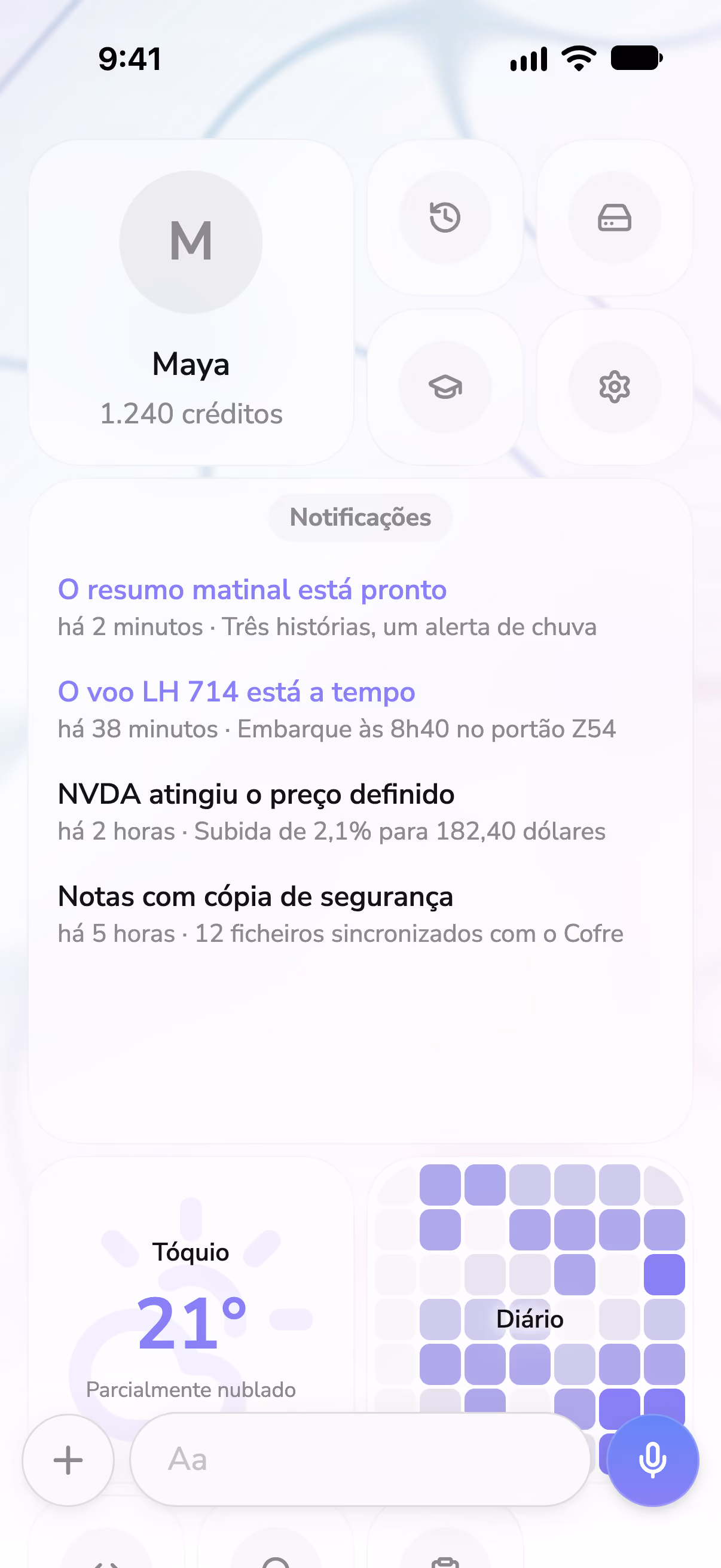 Ecrã inicial do Mono com notificações, um widget de meteorologia e uma sequência de dias de diário