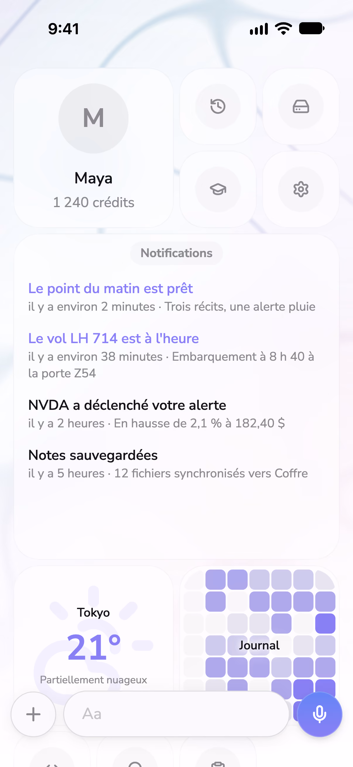 Écran d’accueil de Mono avec des notifications, un widget météo et une série de jours de journal