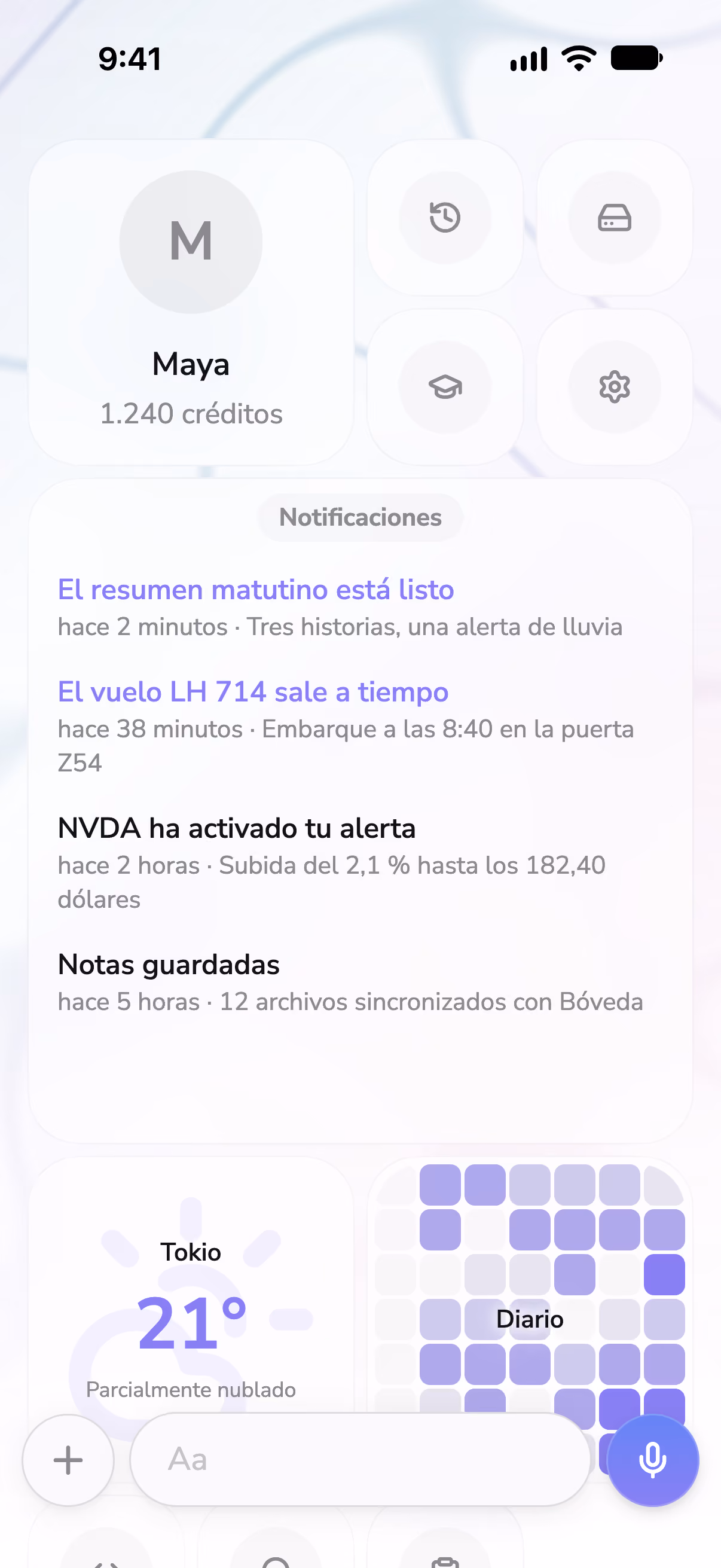 Pantalla de inicio de Mono con notificaciones, un widget del tiempo y una racha de diario