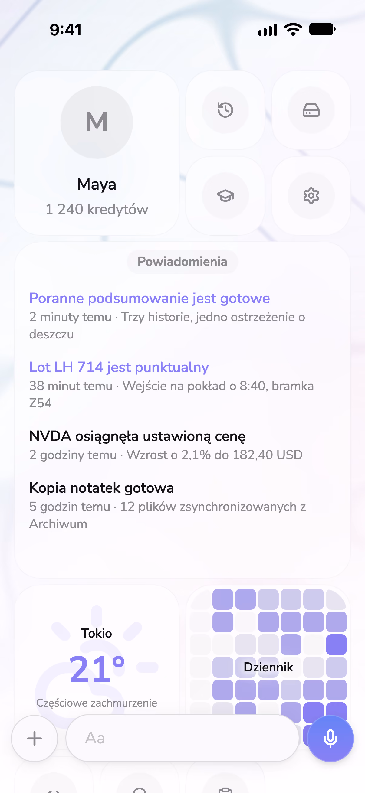 Ekran główny Mono z powiadomieniami, widżetem pogody i serią wpisów w dzienniku