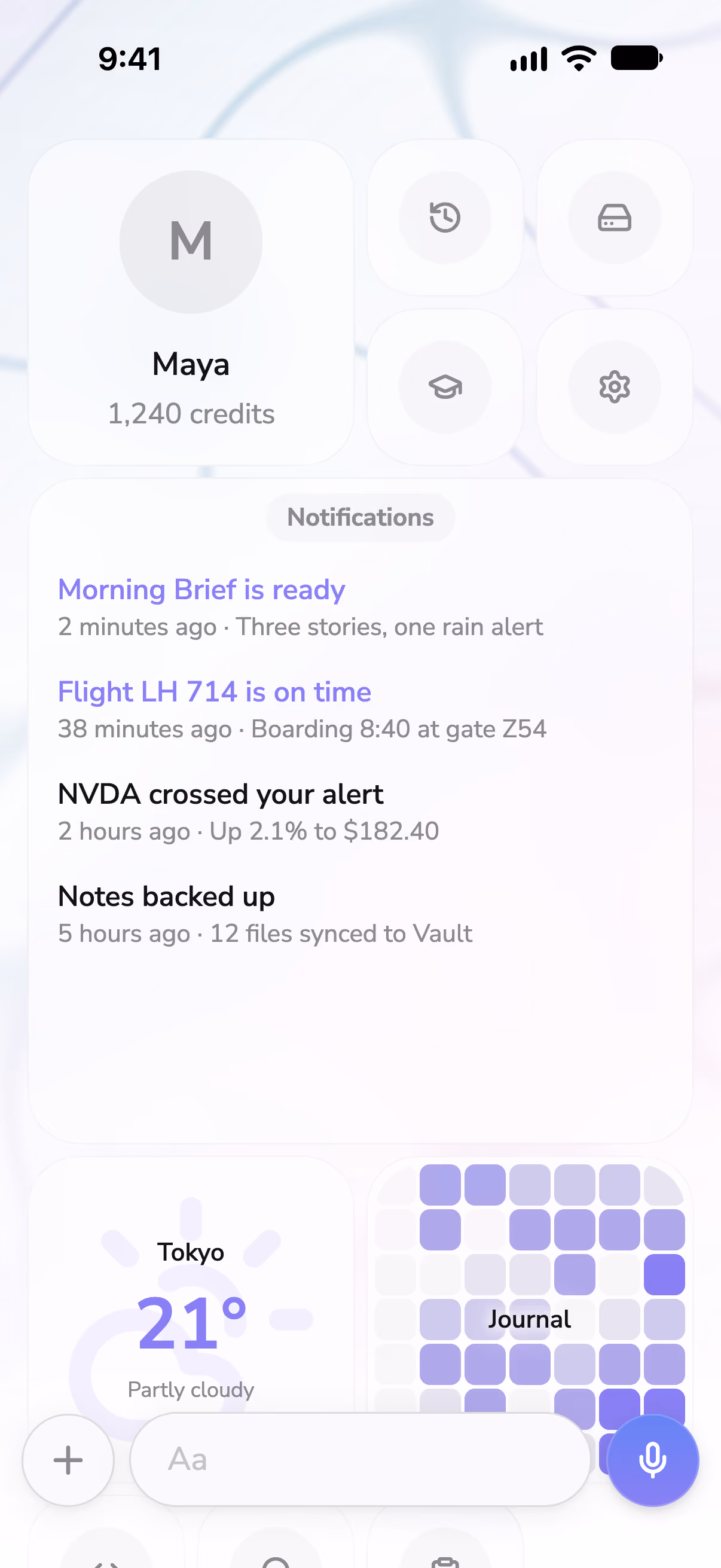 Mono's home screen with notifications, a weather widget, and a journaling streak