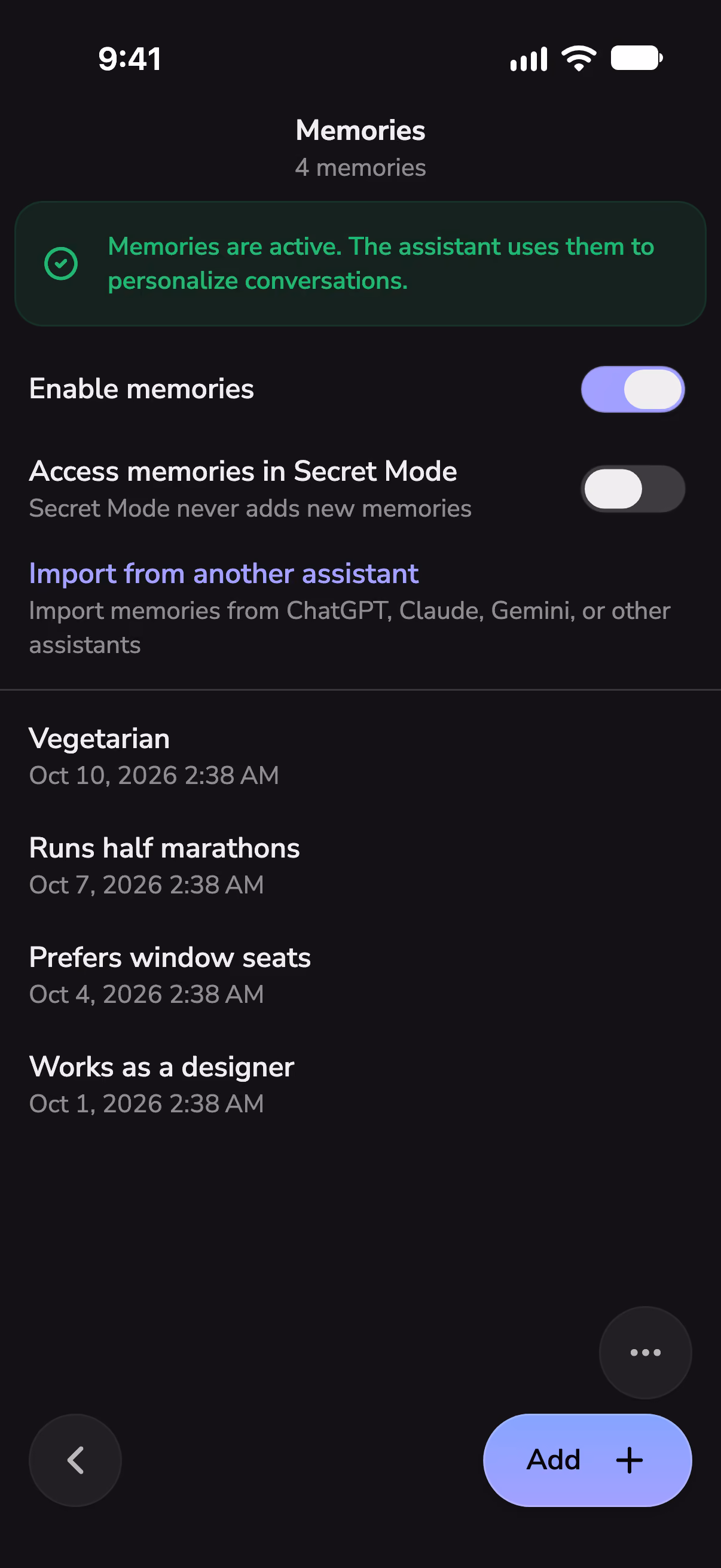 Mono's memory settings, listing what it remembers