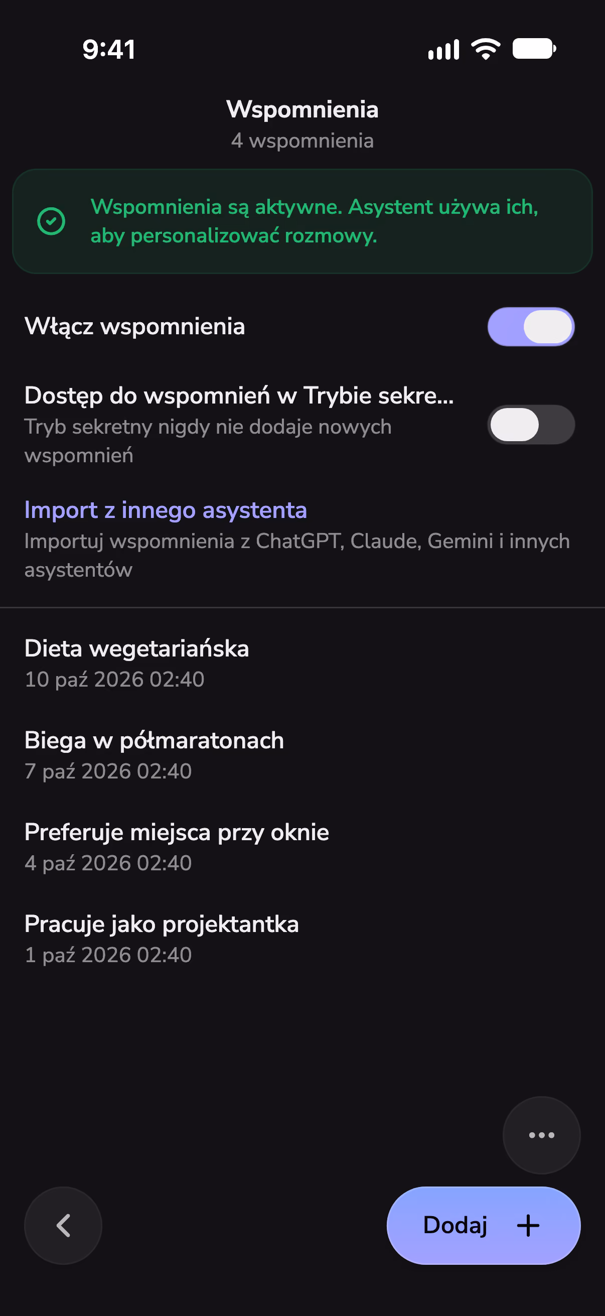 Ustawienia pamięci Mono z listą tego, co zapamiętał