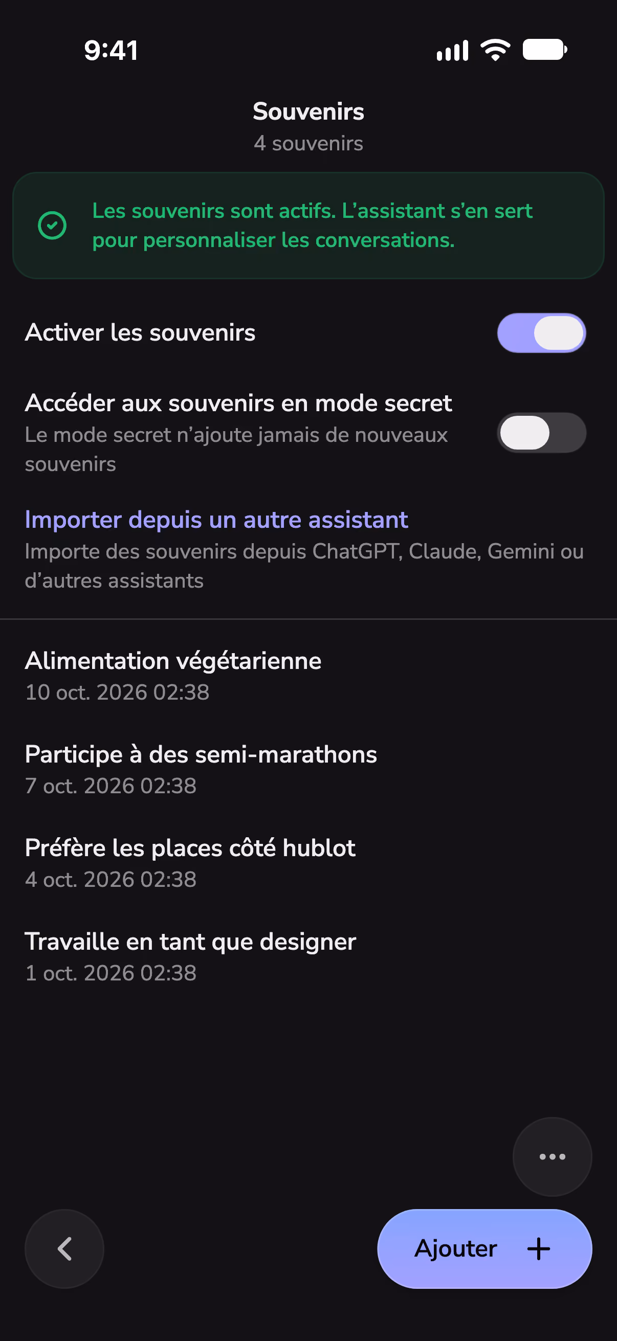 Réglages de la mémoire de Mono, avec ce qu’il retient