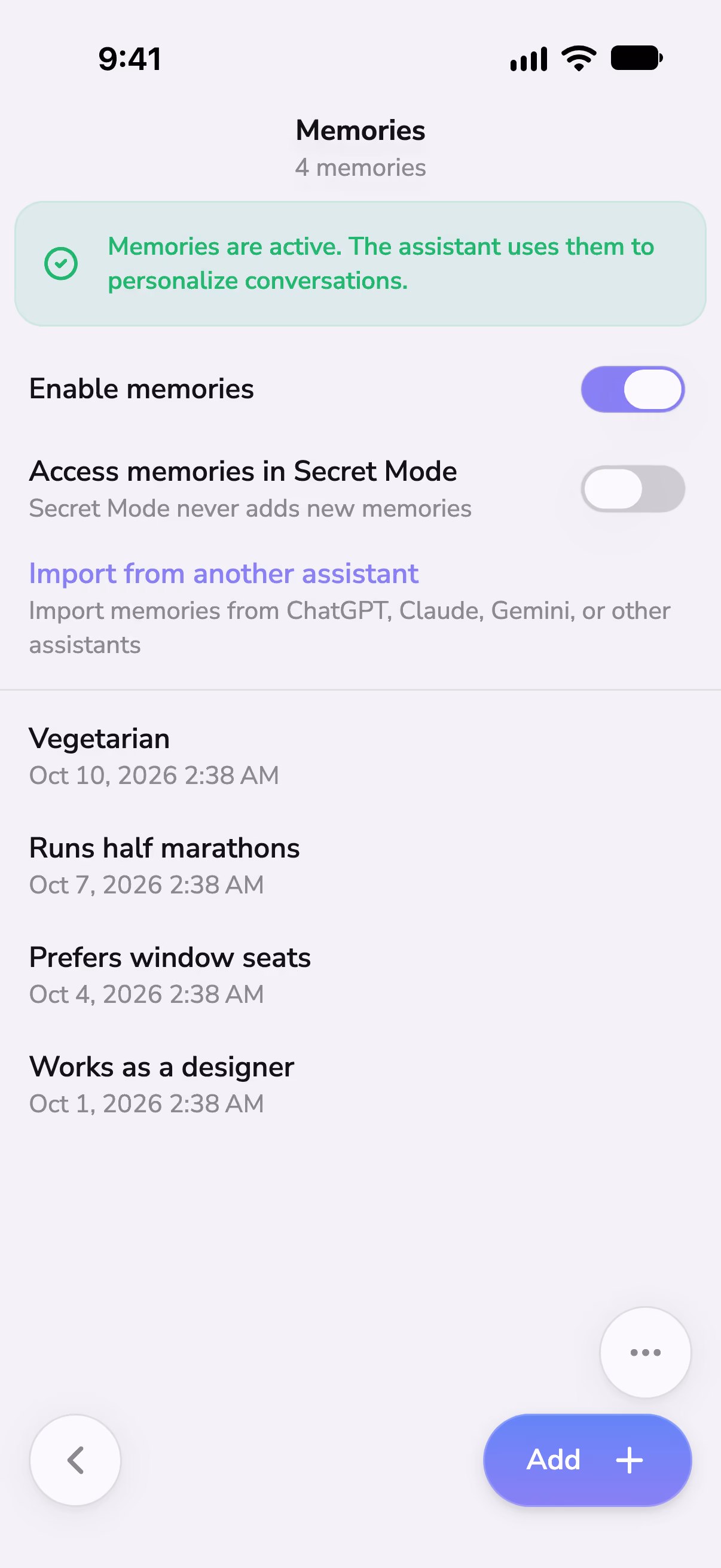 Mono's memory settings, listing what it remembers