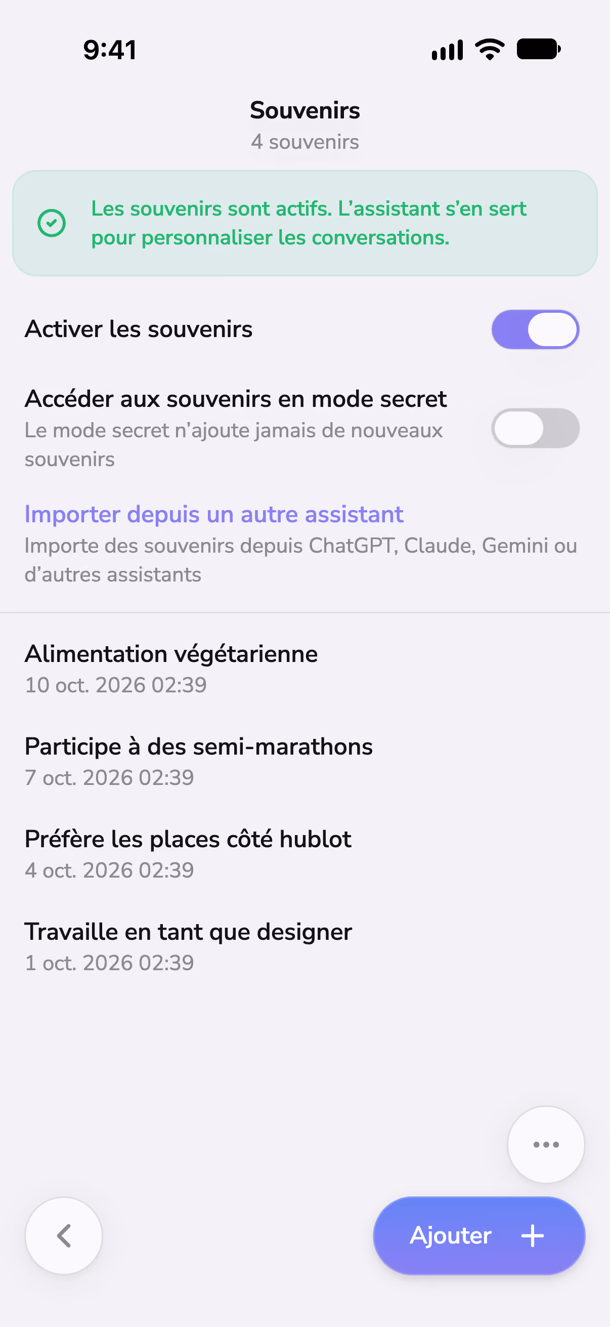 Réglages de la mémoire de Mono, avec ce qu’il retient