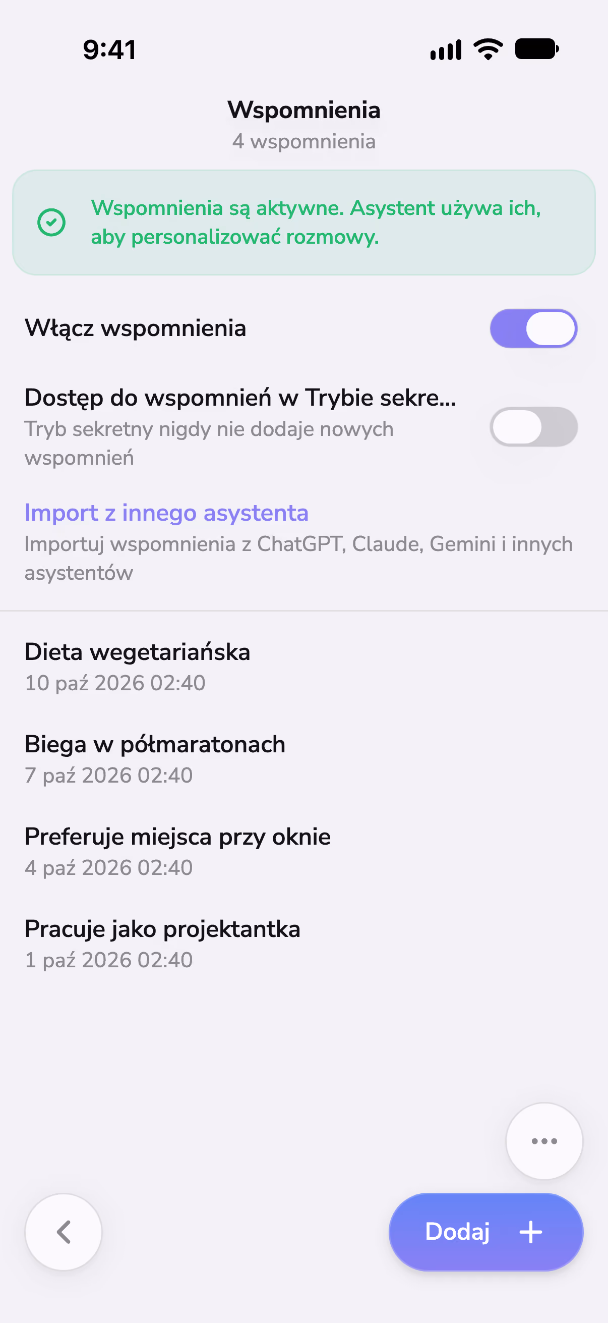 Ustawienia pamięci Mono z listą tego, co zapamiętał