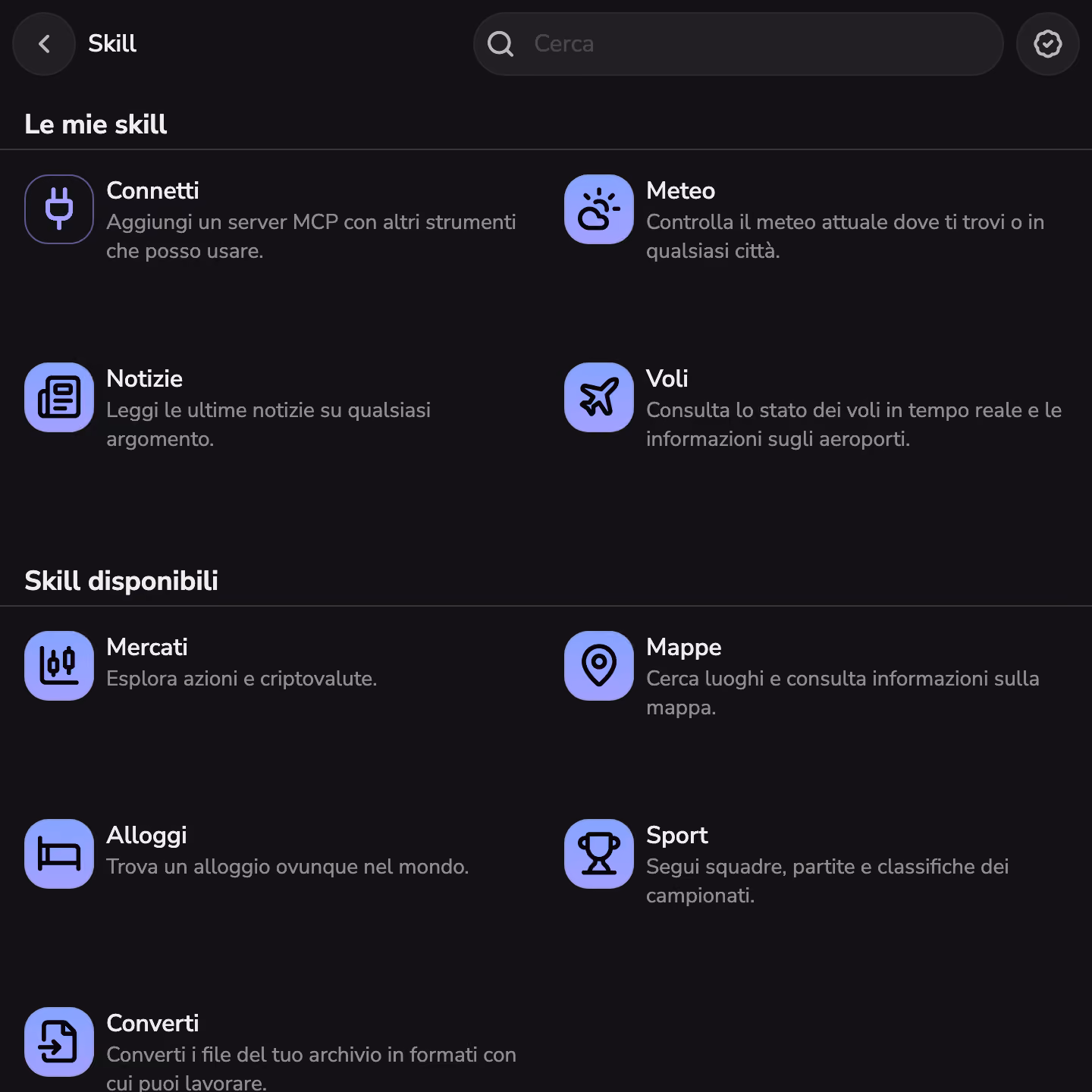 Lo store delle skill di Mono, con Weather, News e Flights installate