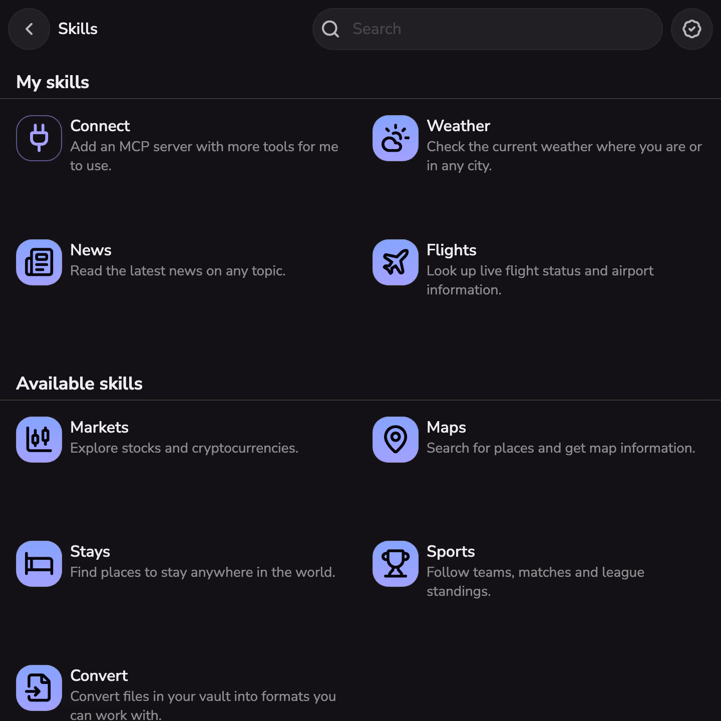 The Skills store in Mono, with Weather, News, and Flights installed
