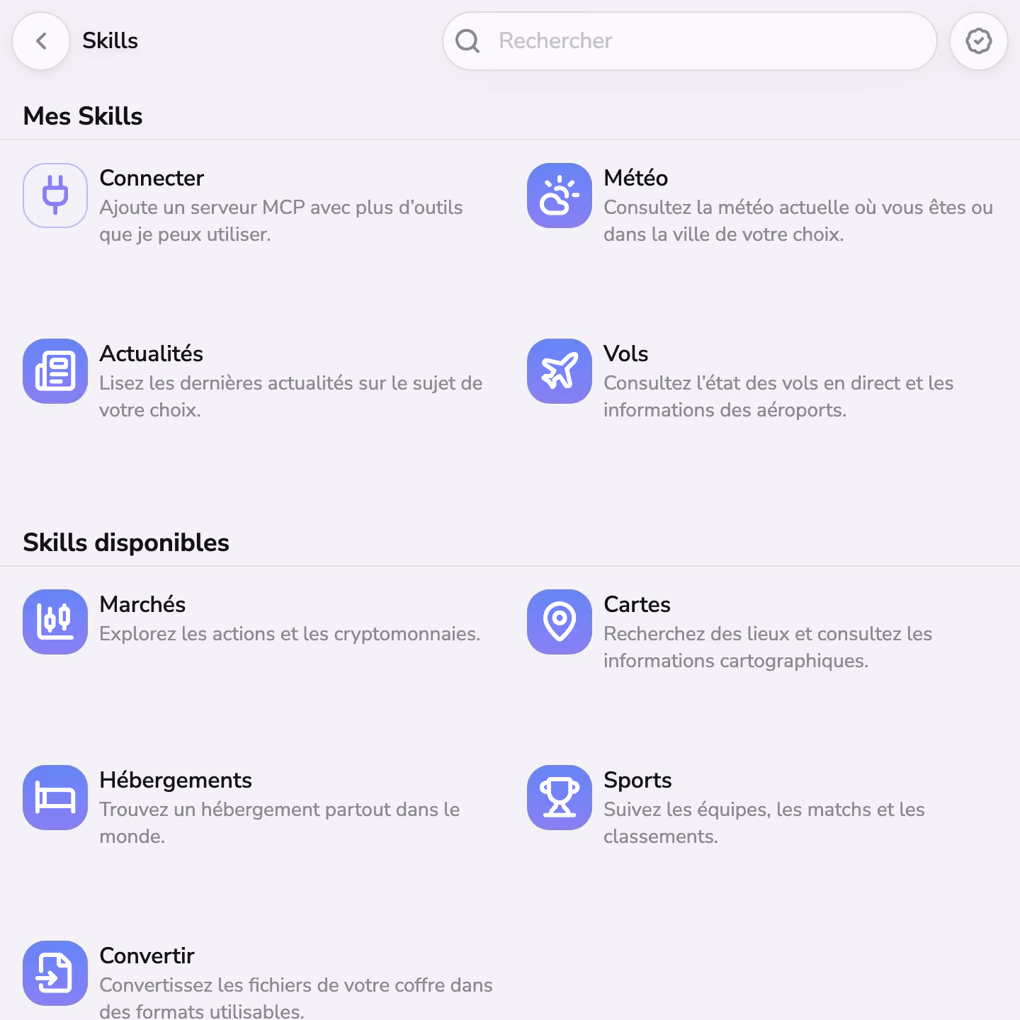 La boutique de skills de Mono, avec Weather, News et Flights installées