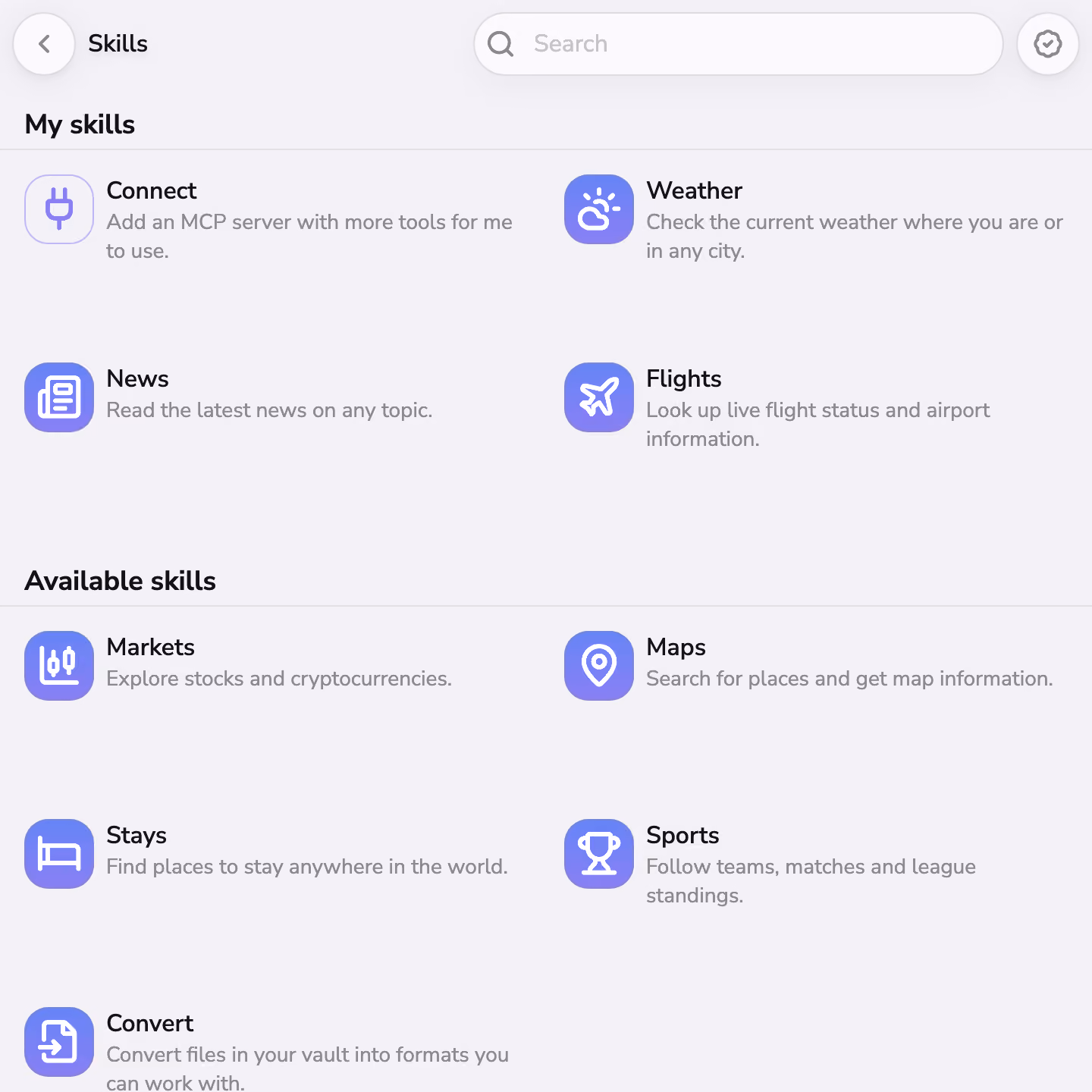 The Skills store in Mono, with Weather, News, and Flights installed
