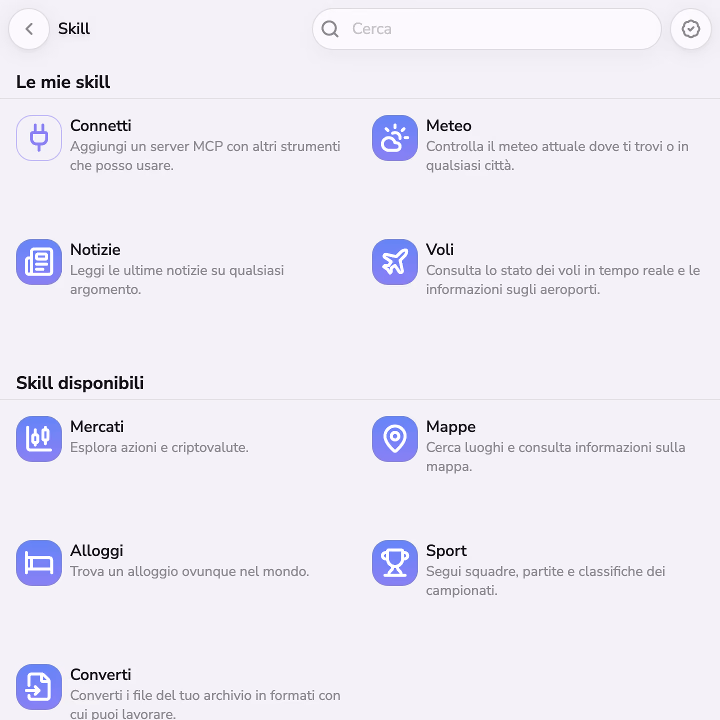 Lo store delle skill di Mono, con Weather, News e Flights installate