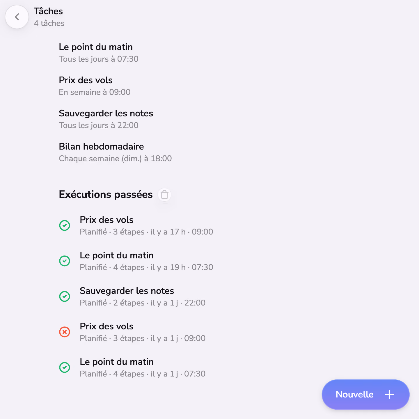 Tâches planifiées dans Mono et leurs exécutions récentes