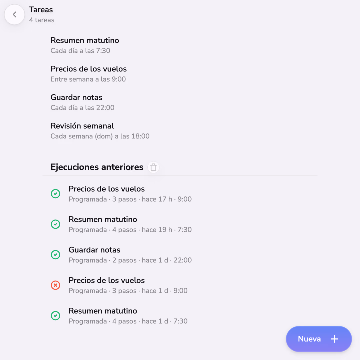 Tareas programadas en Mono y sus ejecuciones recientes