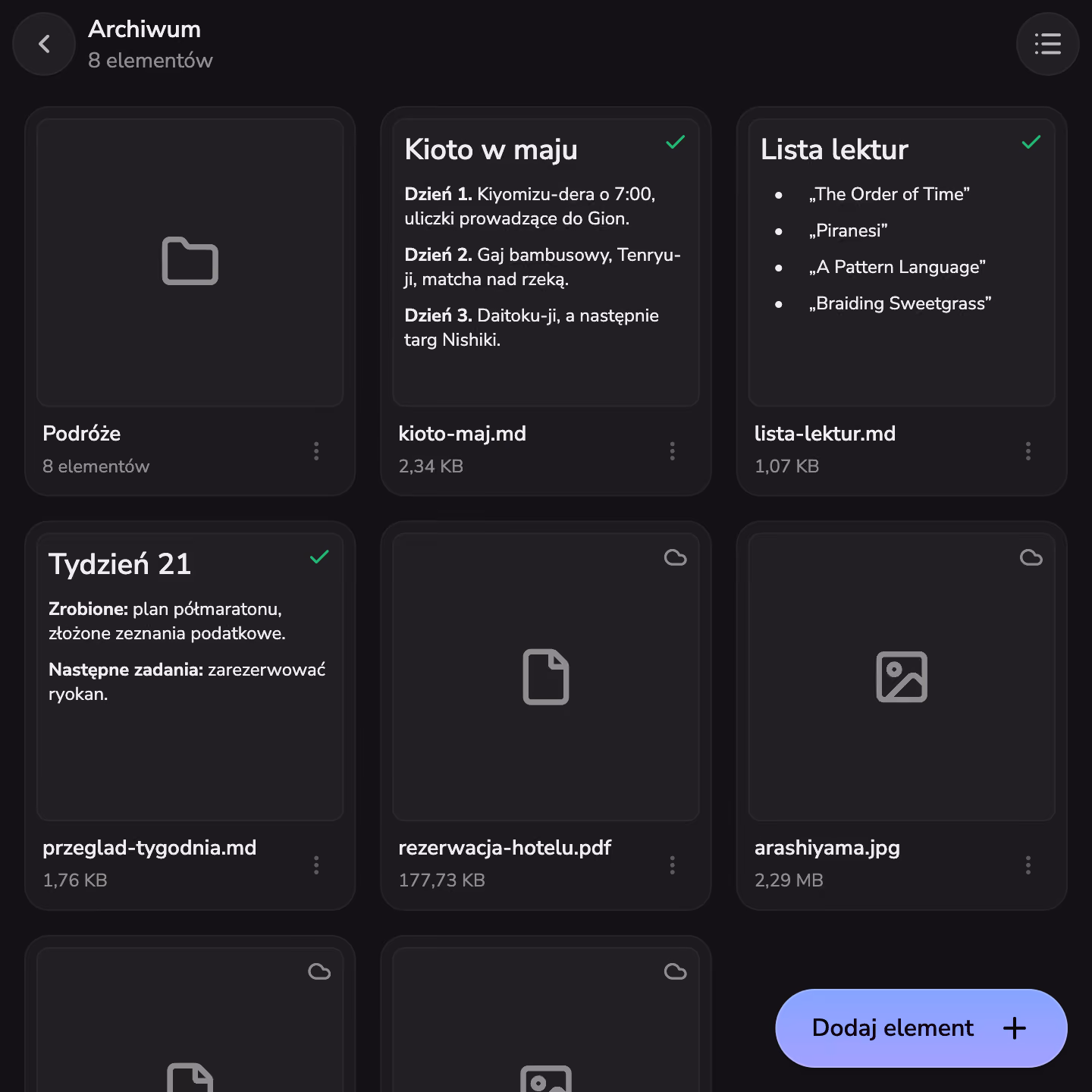 Foldery, pliki i notatki w Sejfie Mono