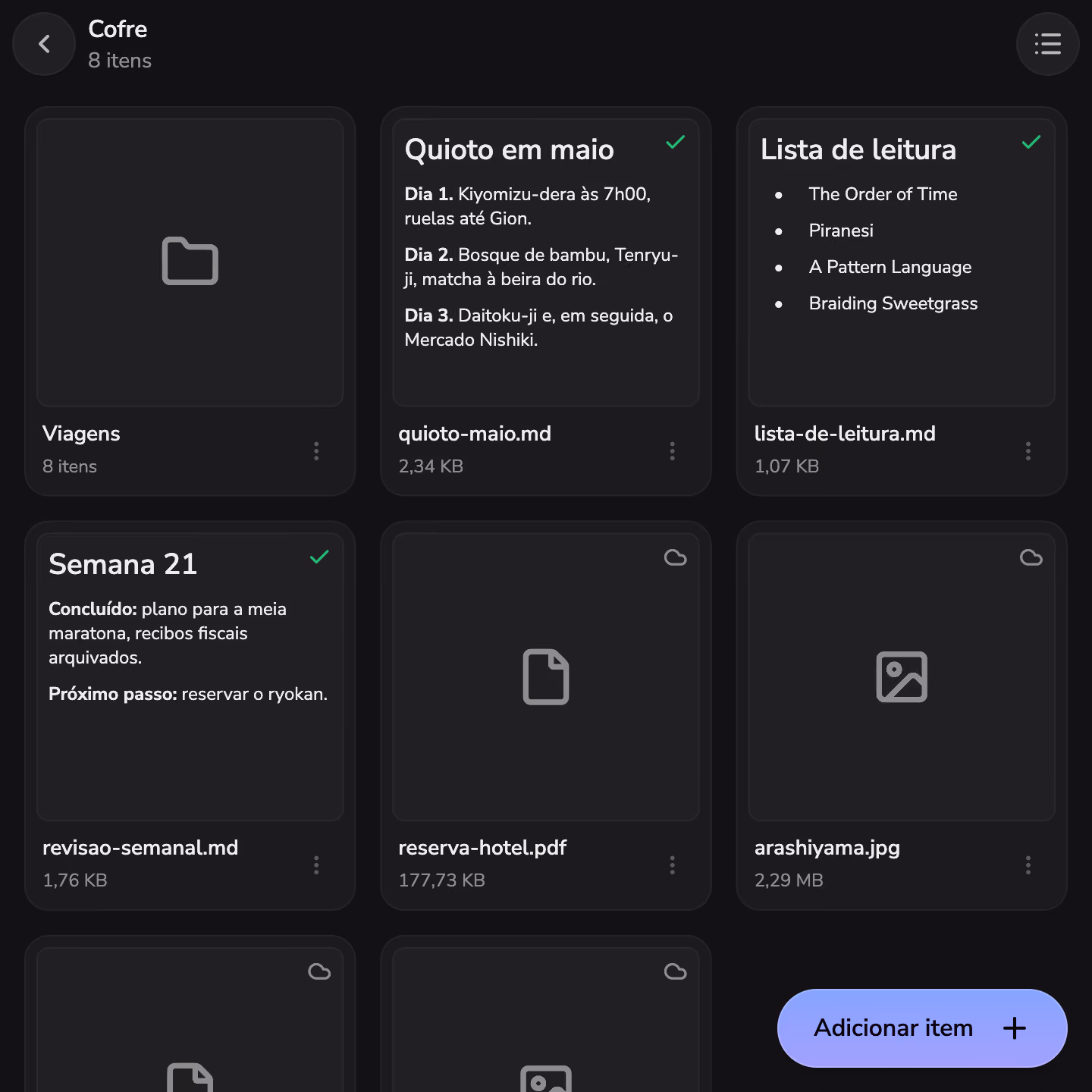 Pastas, ficheiros e notas no Vault do Mono