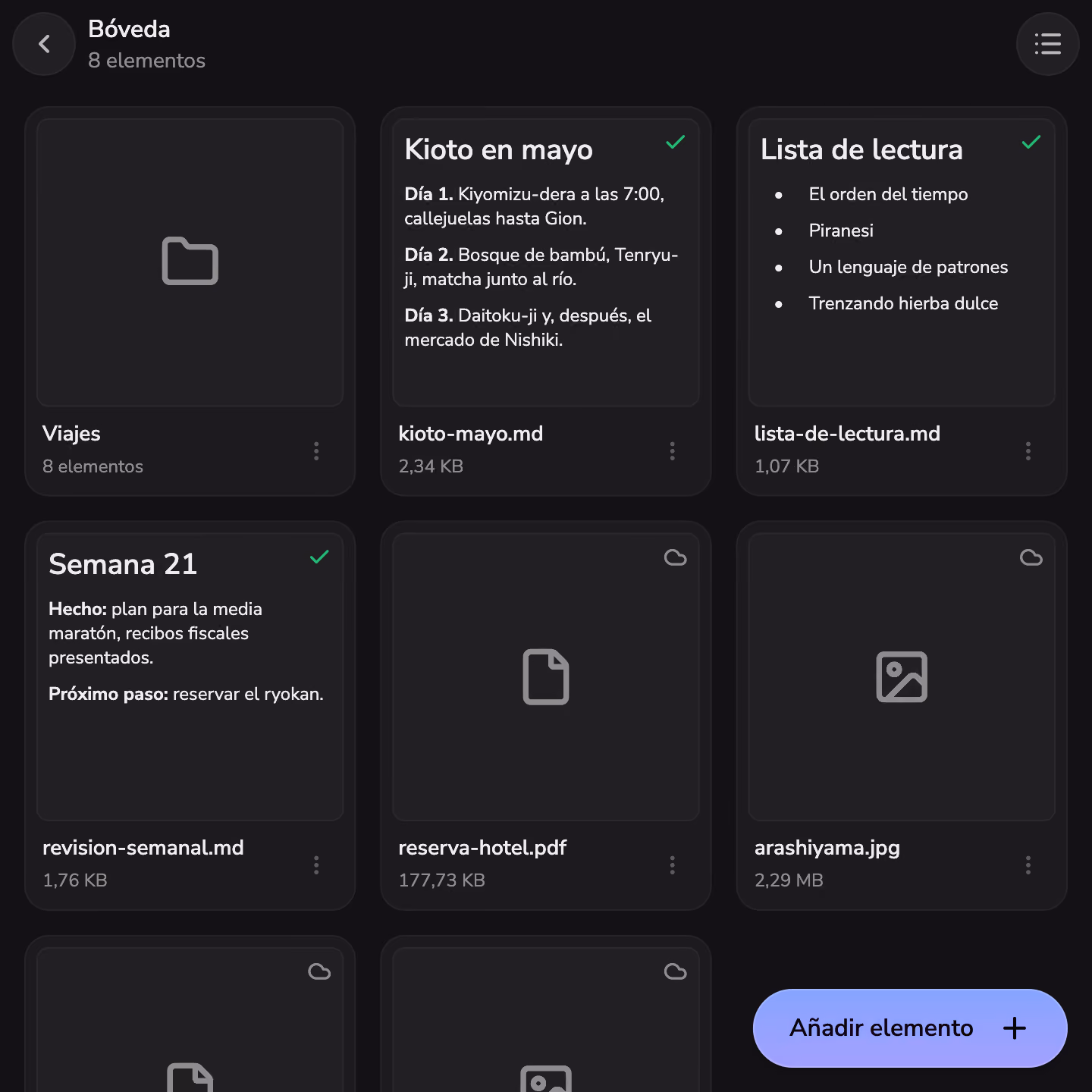 Carpetas, archivos y notas en la Bóveda de Mono