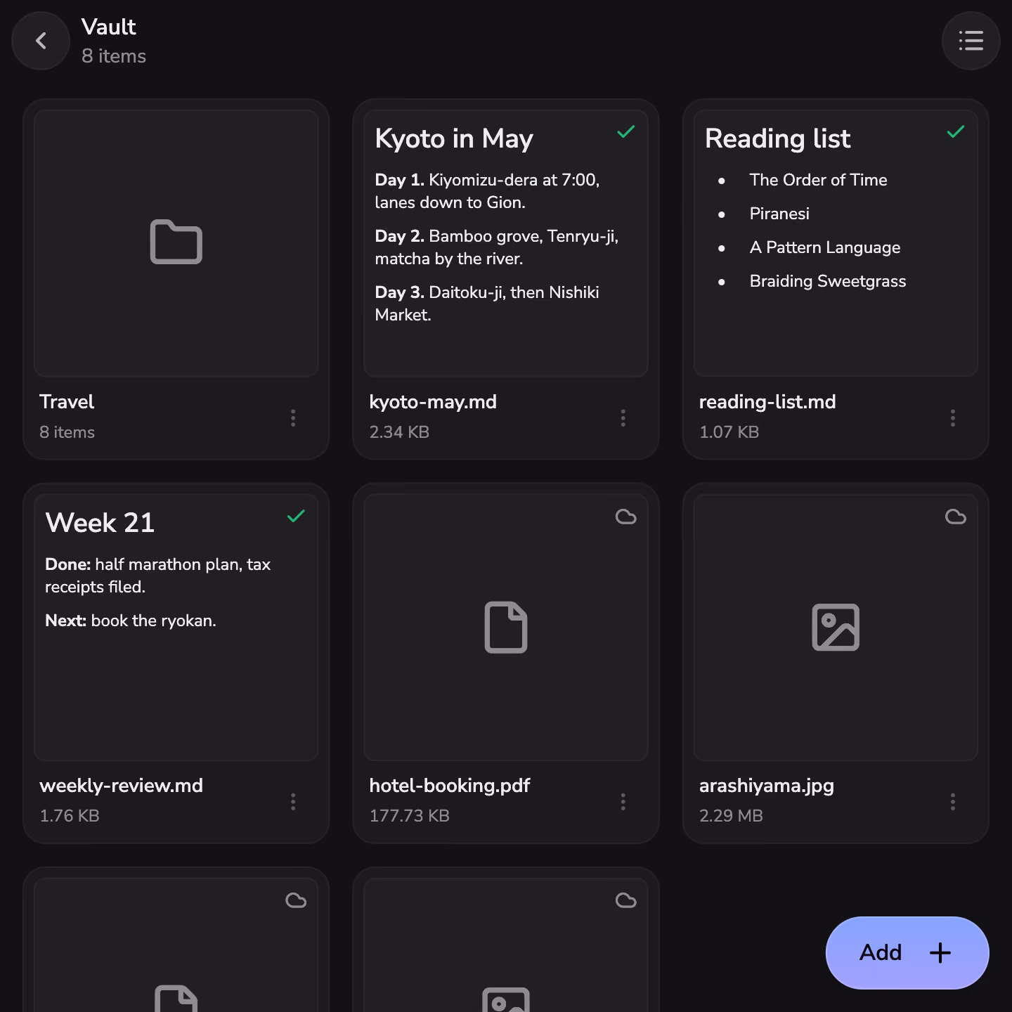 Folders, files, and notes in Mono's Vault