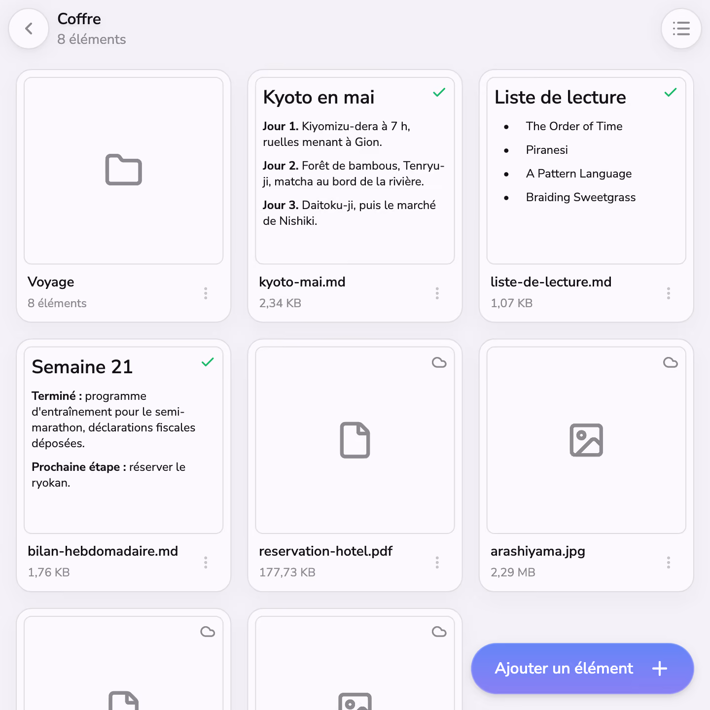 Dossiers, fichiers et notes dans le Coffre-fort de Mono