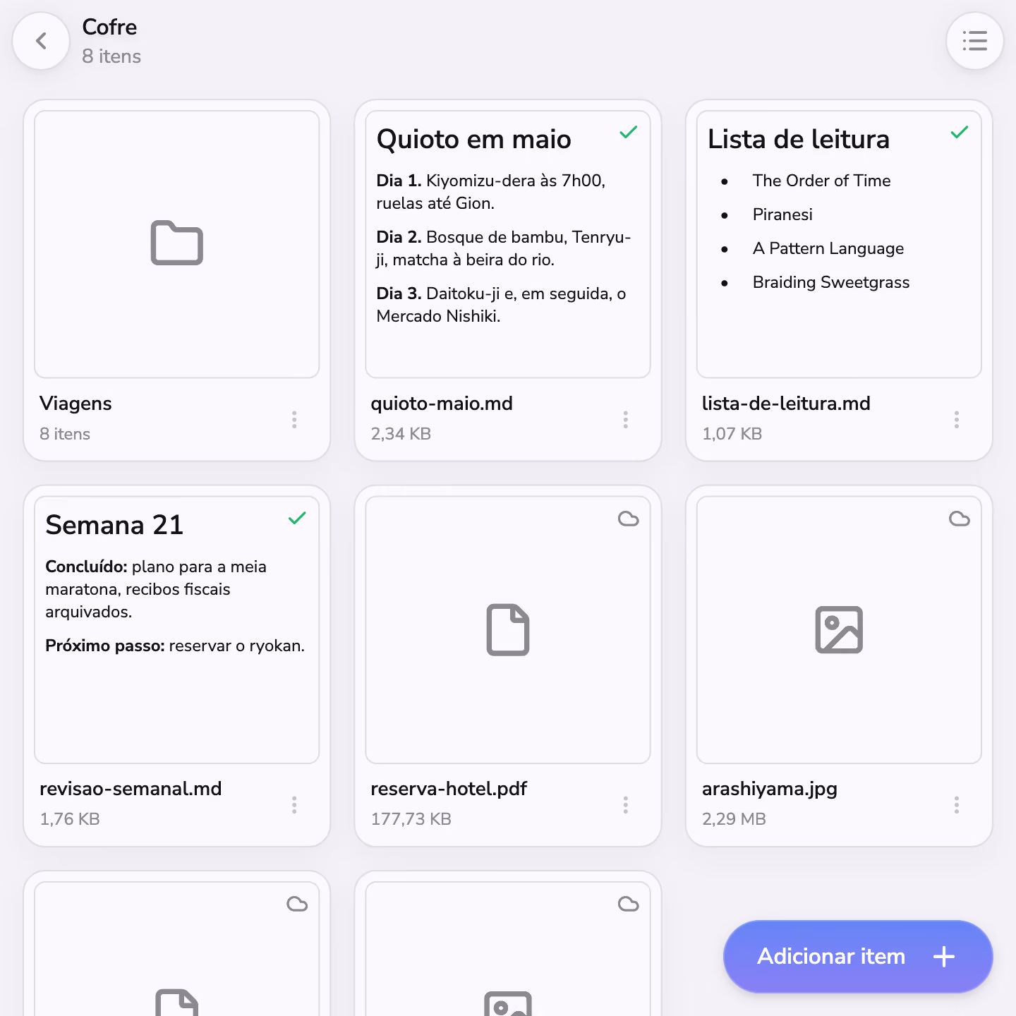 Pastas, ficheiros e notas no Vault do Mono