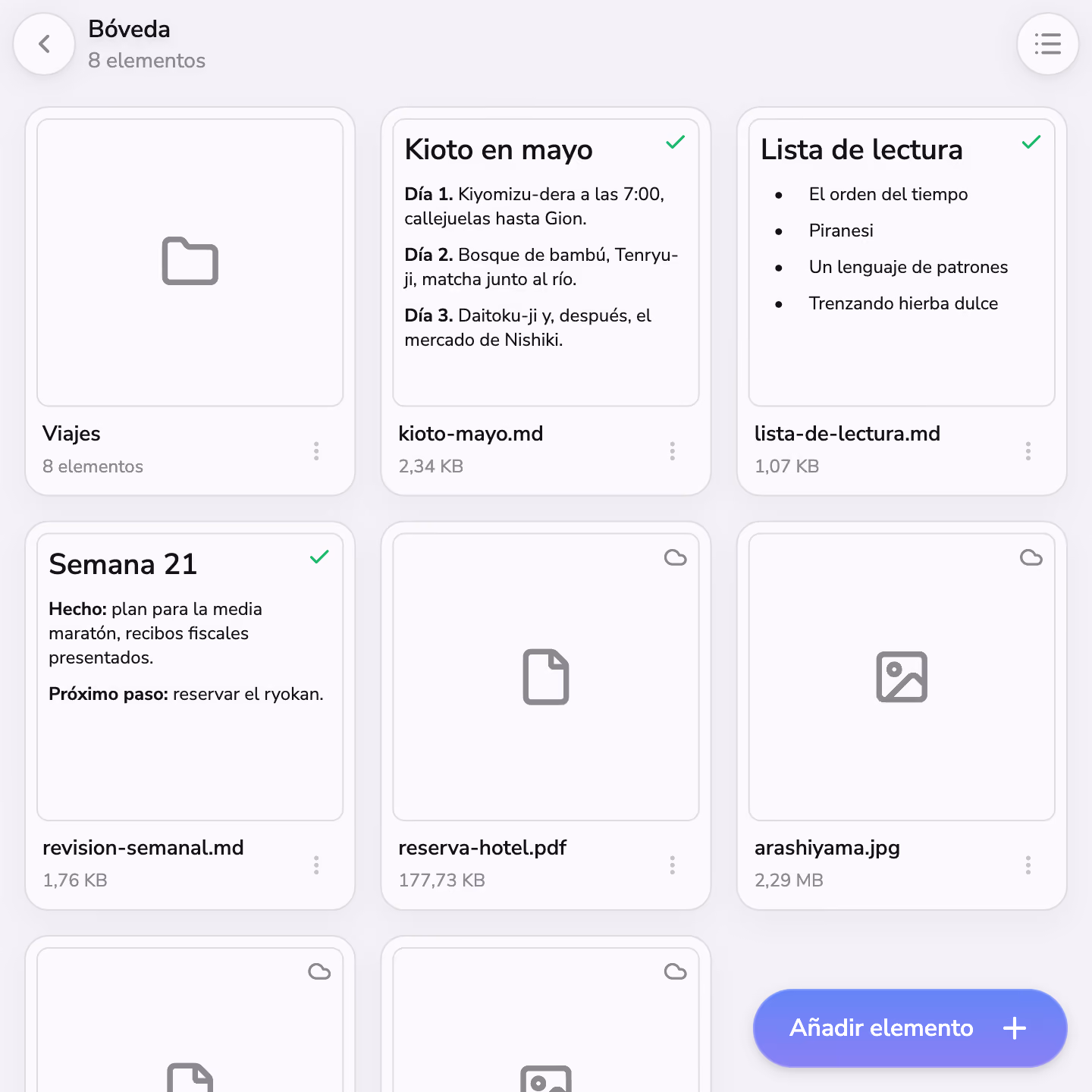 Carpetas, archivos y notas en la Bóveda de Mono